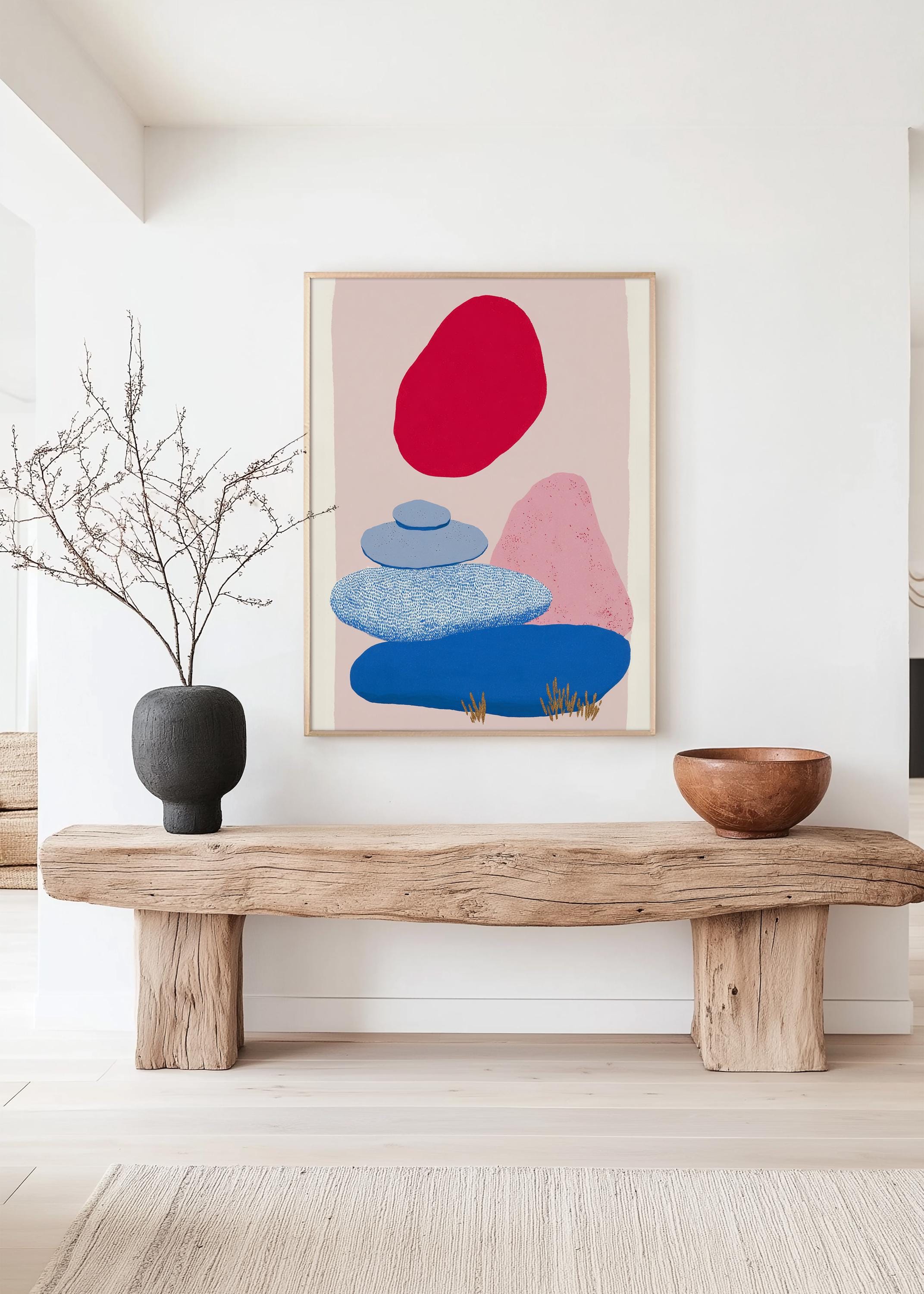 Abstract Landscape Art Print, Red Sun Blue Shapes, Boho Modern Wall Decor