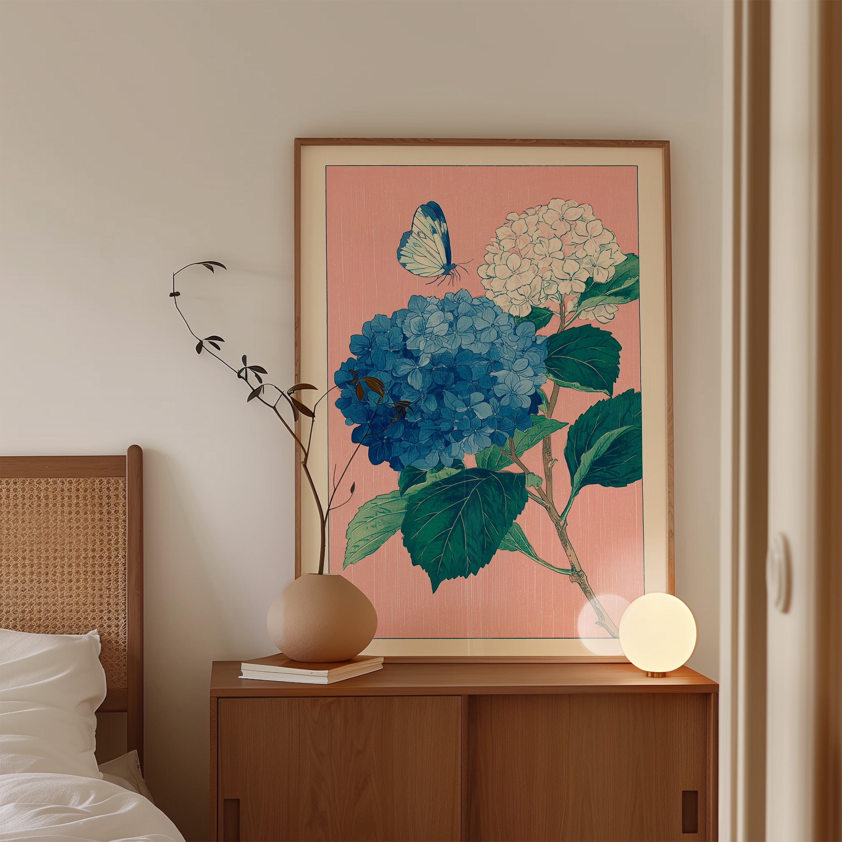 Hydrangea Wall Art Print, Blue Floral Poster, Botanical Flower Decor