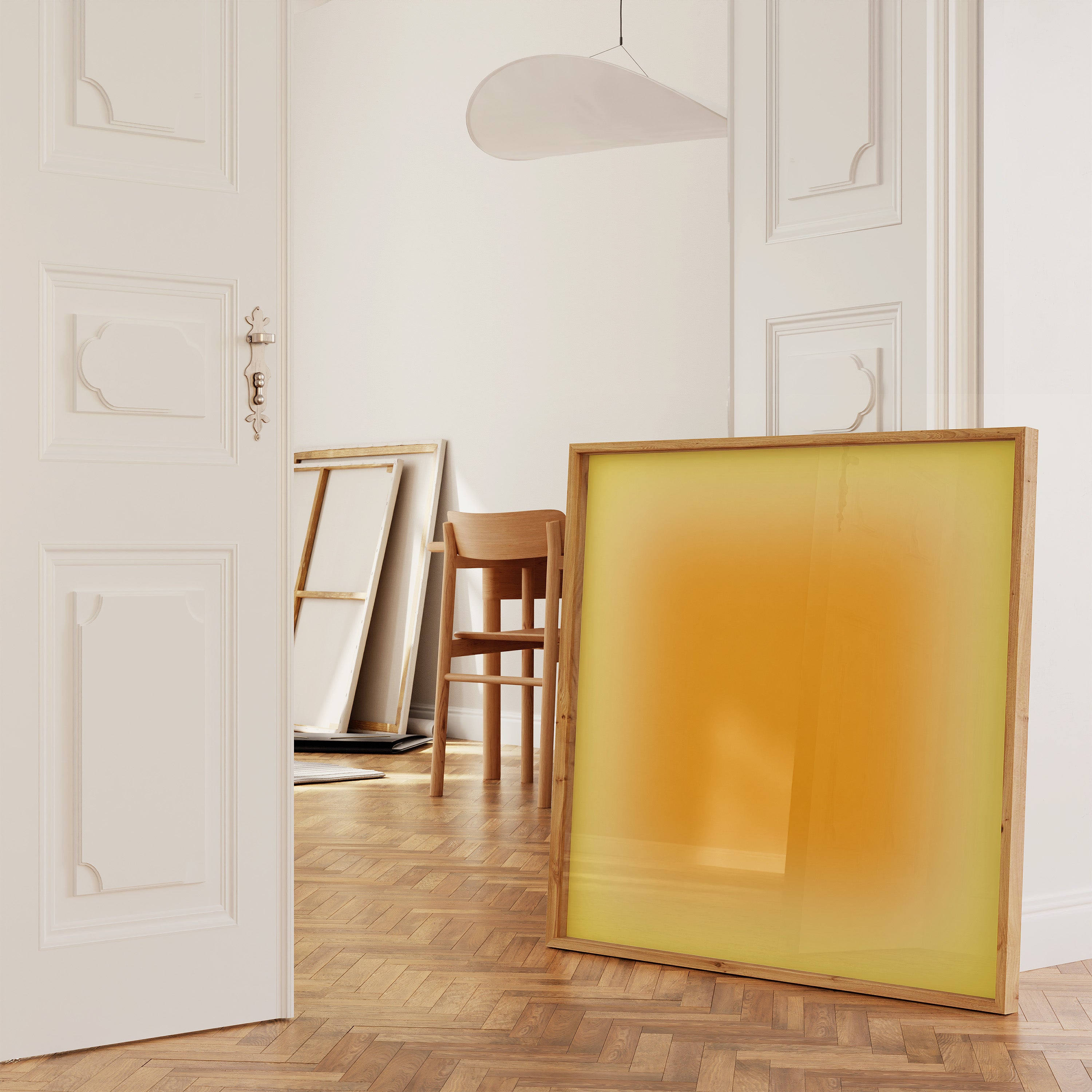 Contemporary abstract wall art in soft orange and yellow gradient for modern interiors