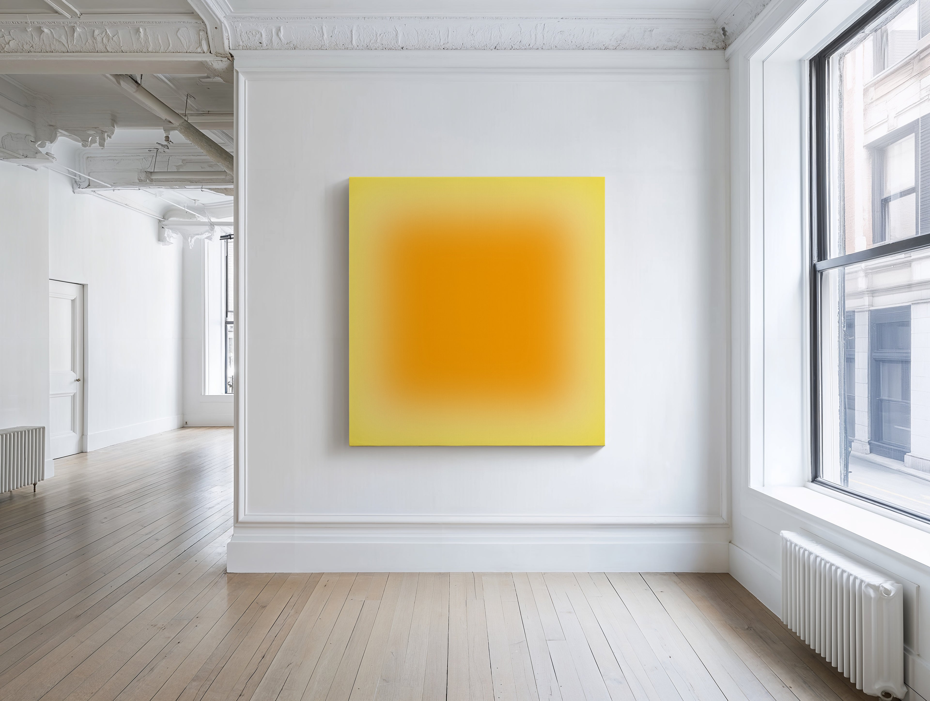 Modern gradient art print featuring bright sunset-inspired colors, orange center with yellow edges