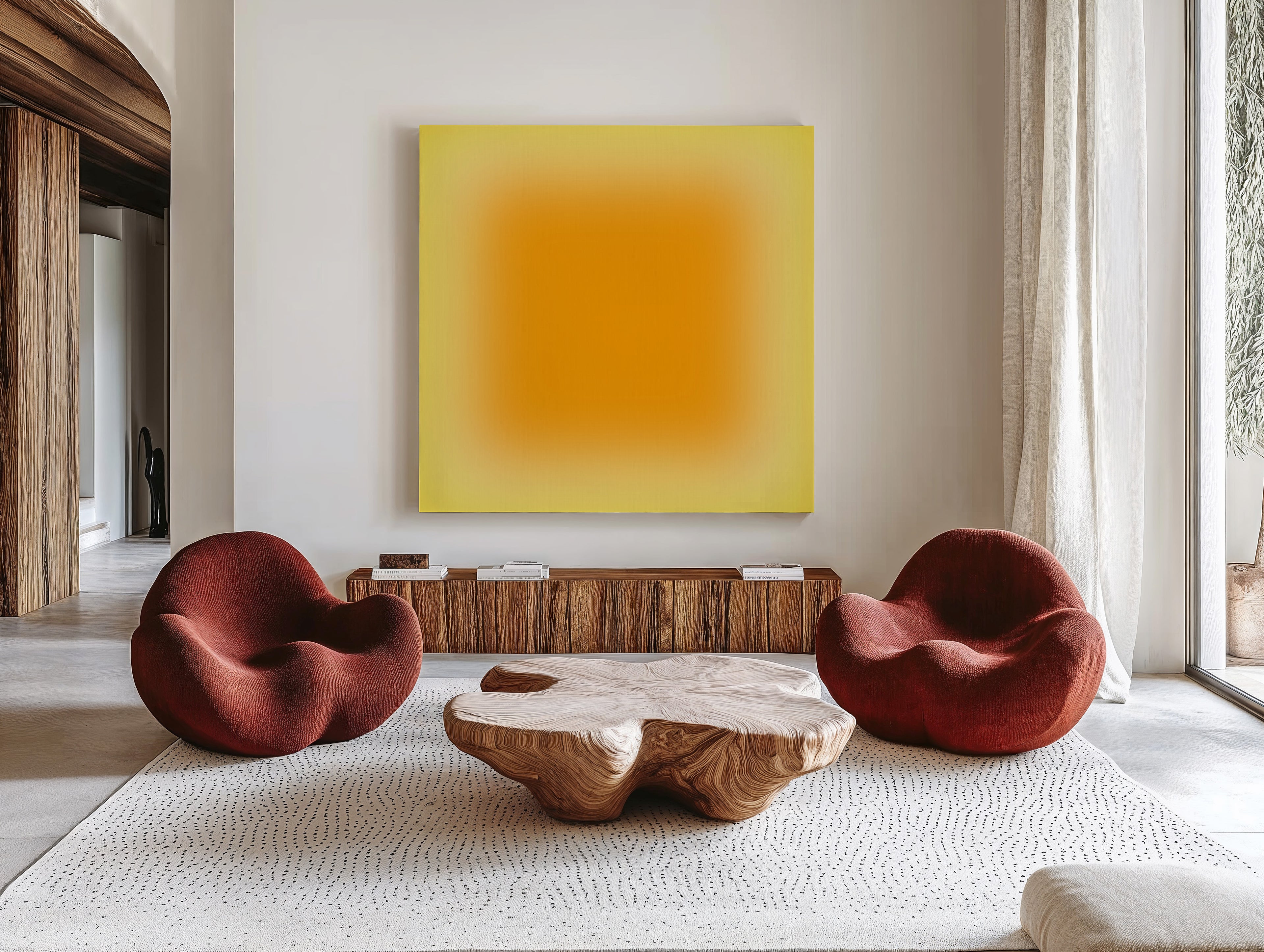 Minimalist yellow to orange gradient wall art framed in light wood frame