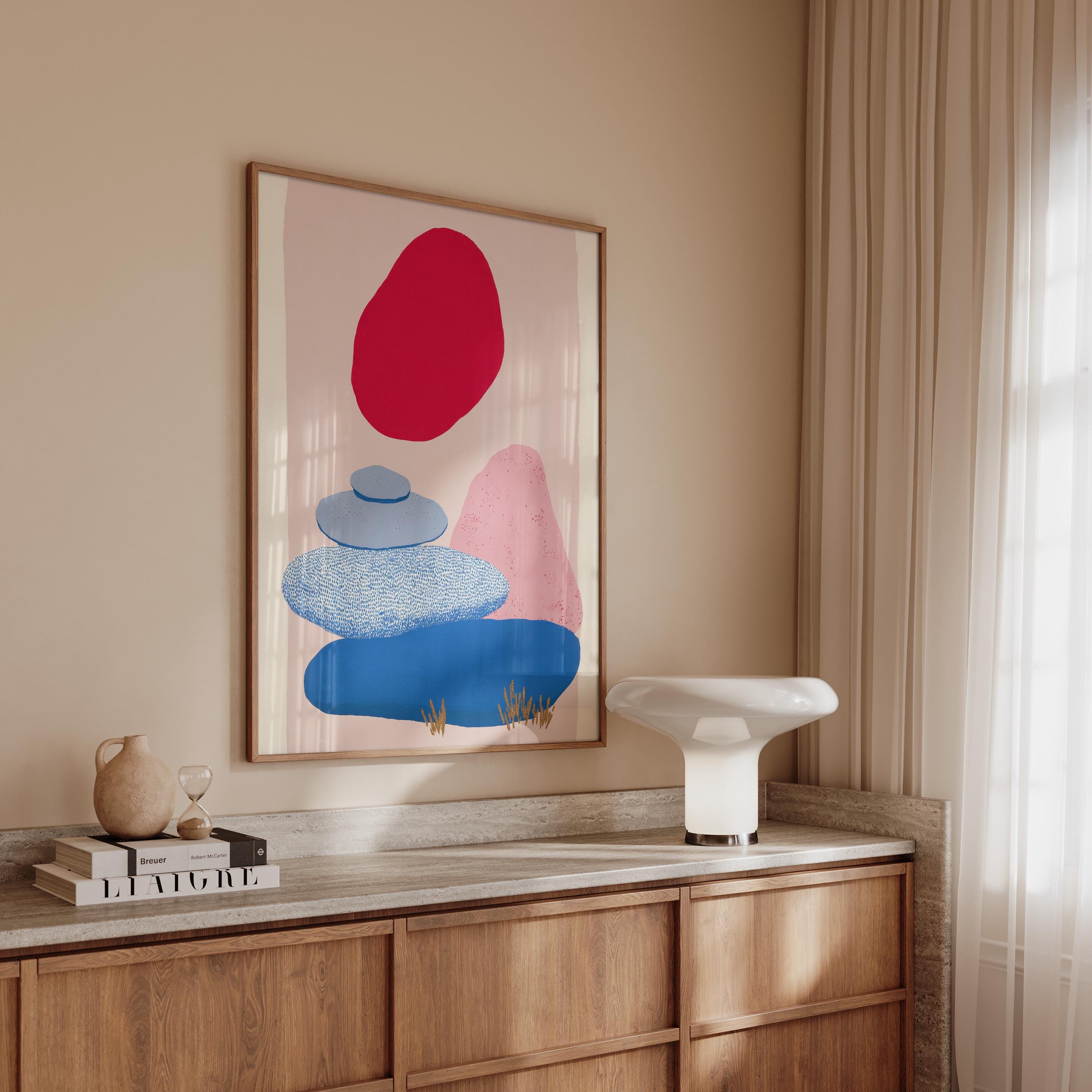 Abstract Landscape Art Print, Red Sun Blue Shapes, Boho Modern Wall Decor