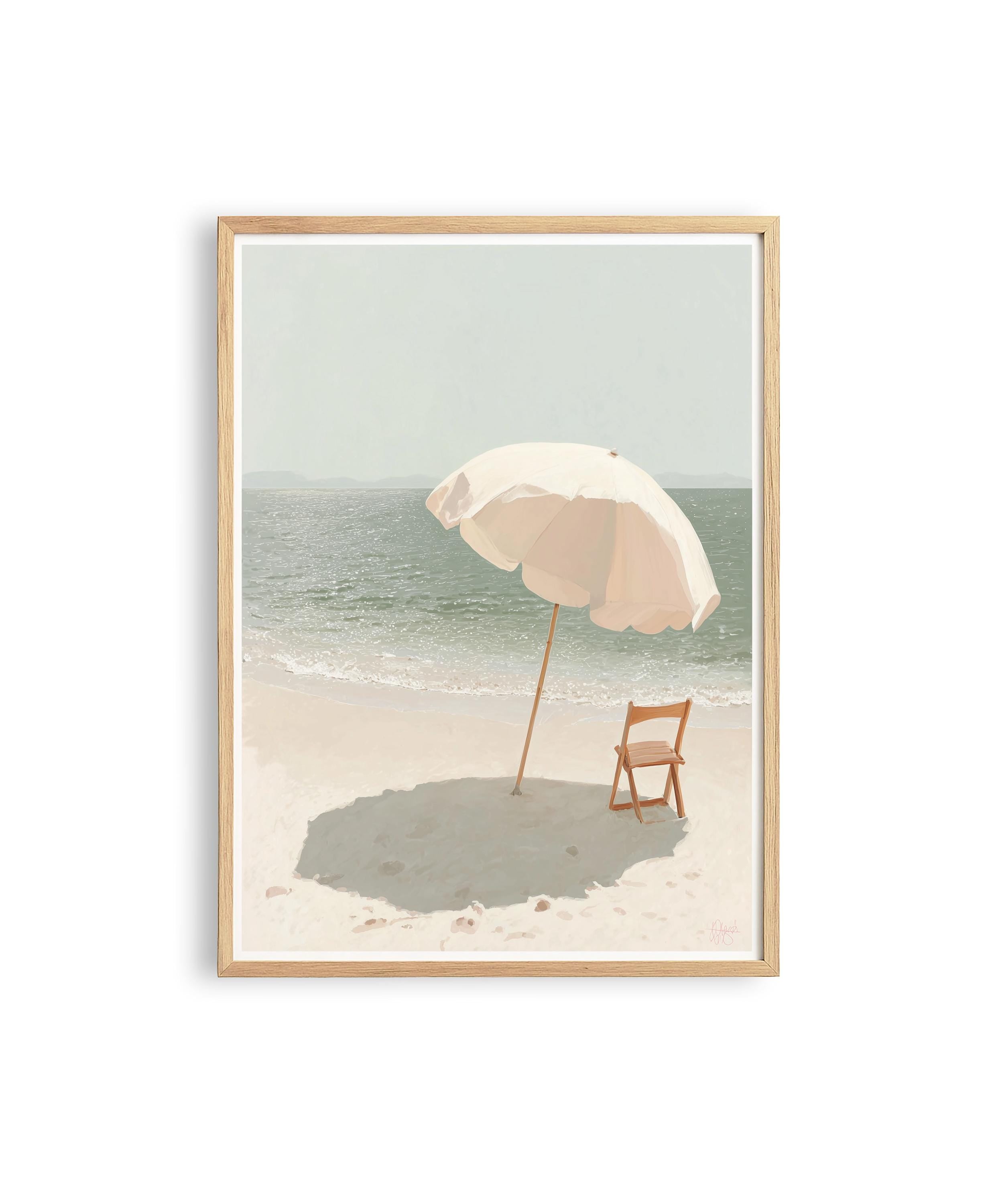 Beach Umbrella Art Print, Calm Ocean Poster, Neutral Seaside Wall Decor