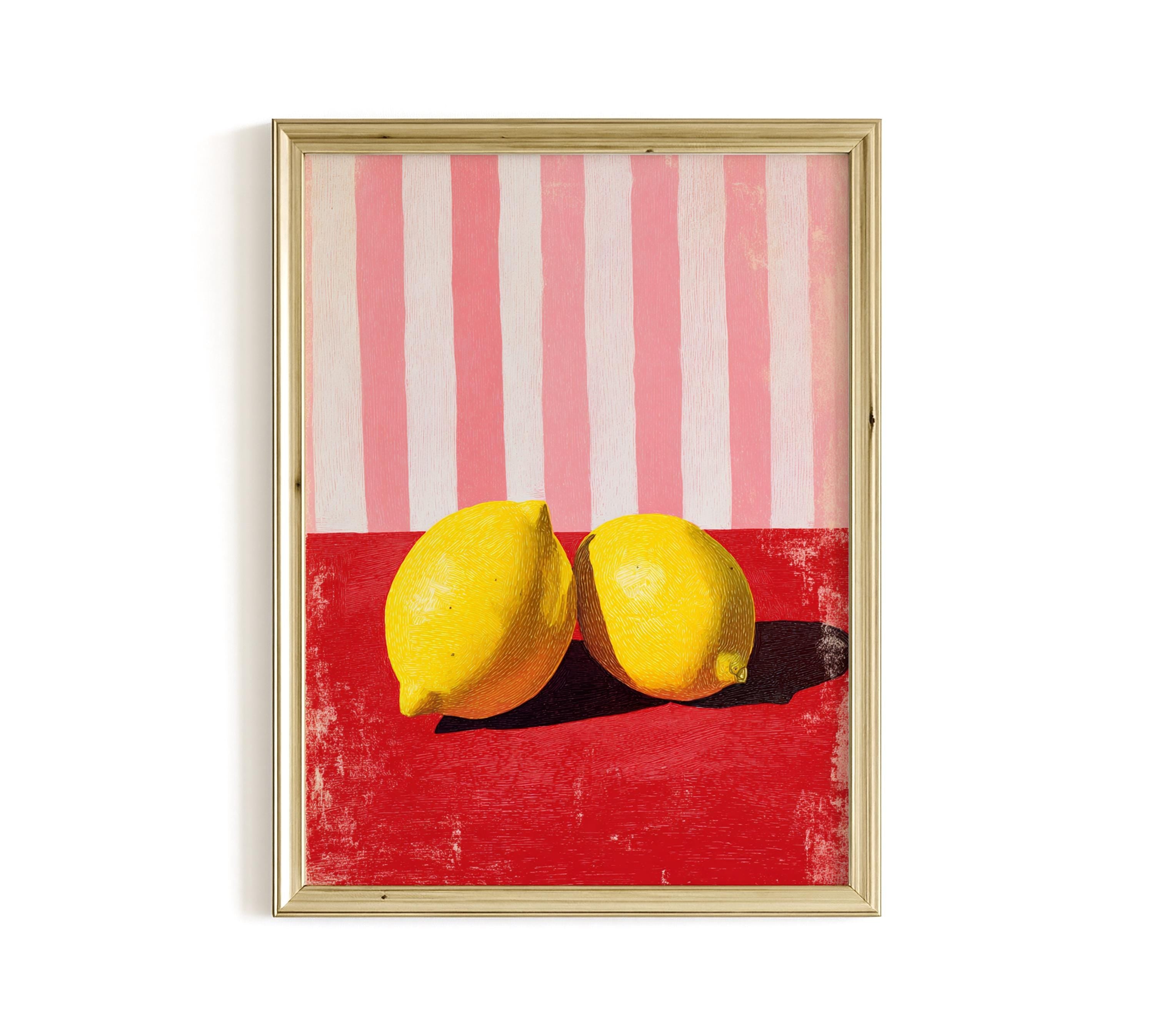 Lemon Wall Art Print, Kitchen Decor Lemon Art, Red Pink Still Life, Fruit Illustration, Modern Kitchen Wall Decor