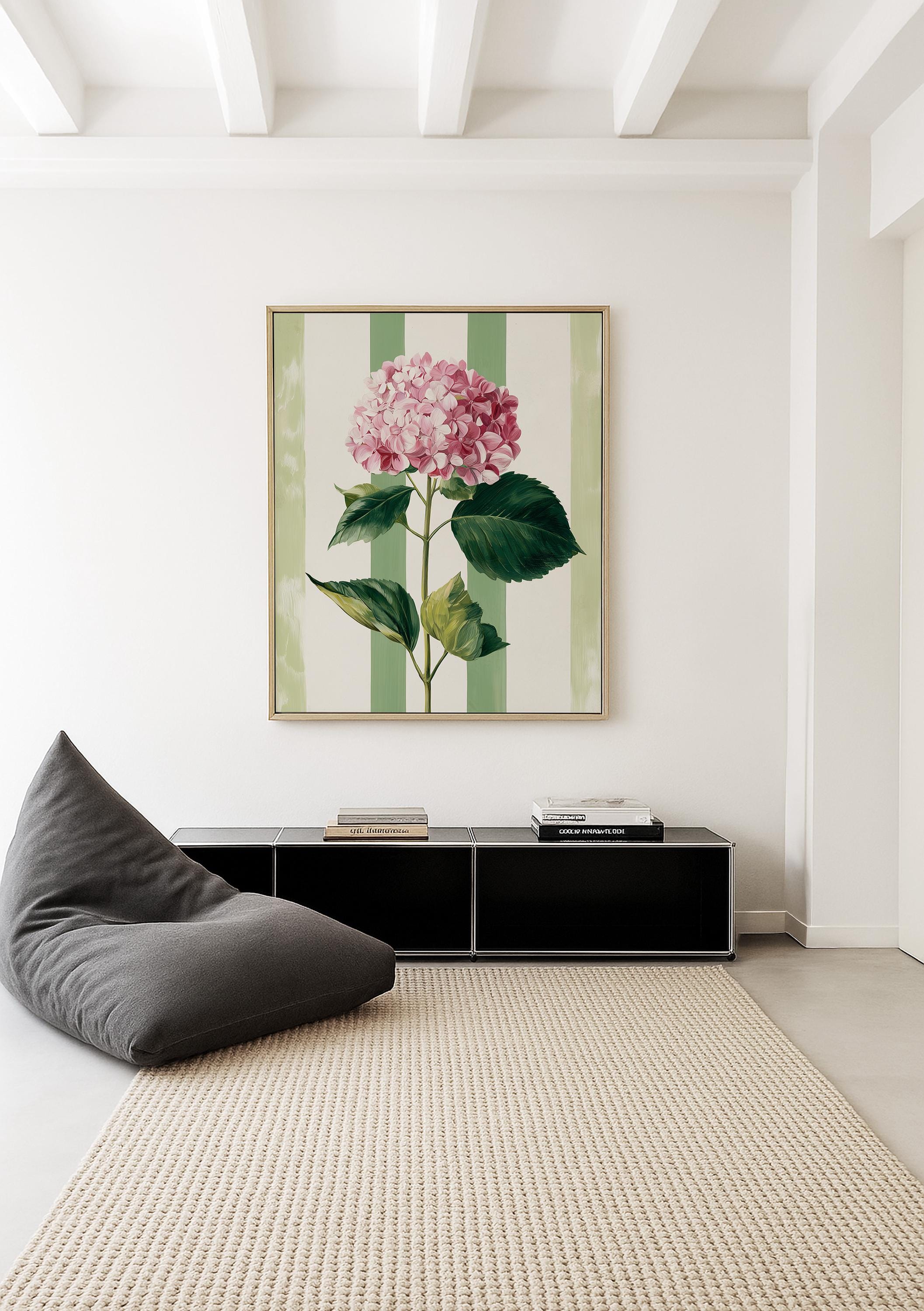 Pink Hydrangea Print, Green Striped Floral Wall Art, Cottage Bedroom Decor, Botanical Flower Art Print