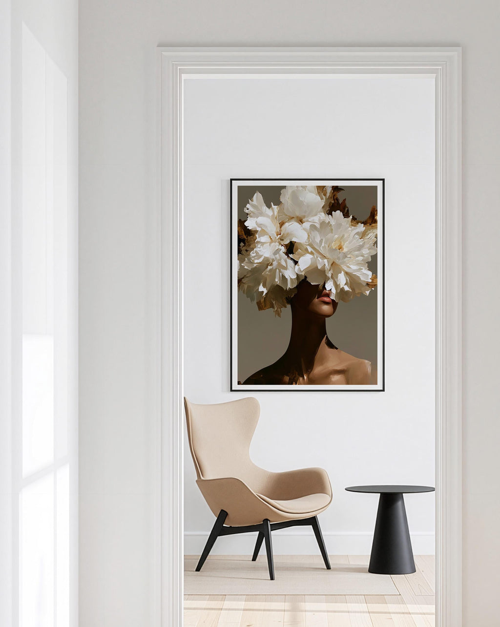 Black Woman Art Print, White Floral Portrait Poster, Elegant Wall Decor