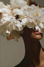 Black Woman Art Print, White Floral Portrait Poster, Elegant Wall Decor