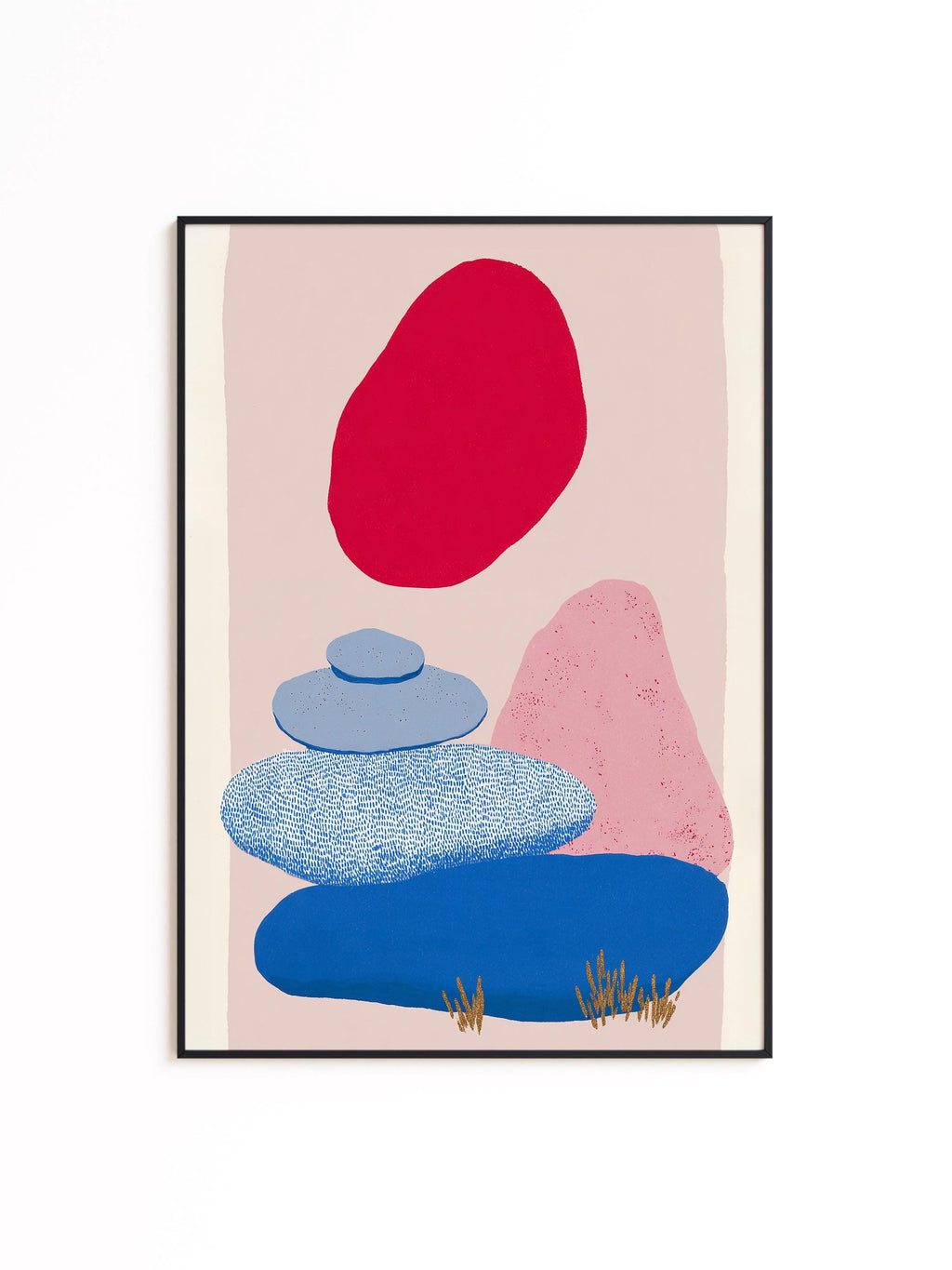 Abstract Landscape Art Print, Red Sun Blue Shapes, Boho Modern Wall Decor