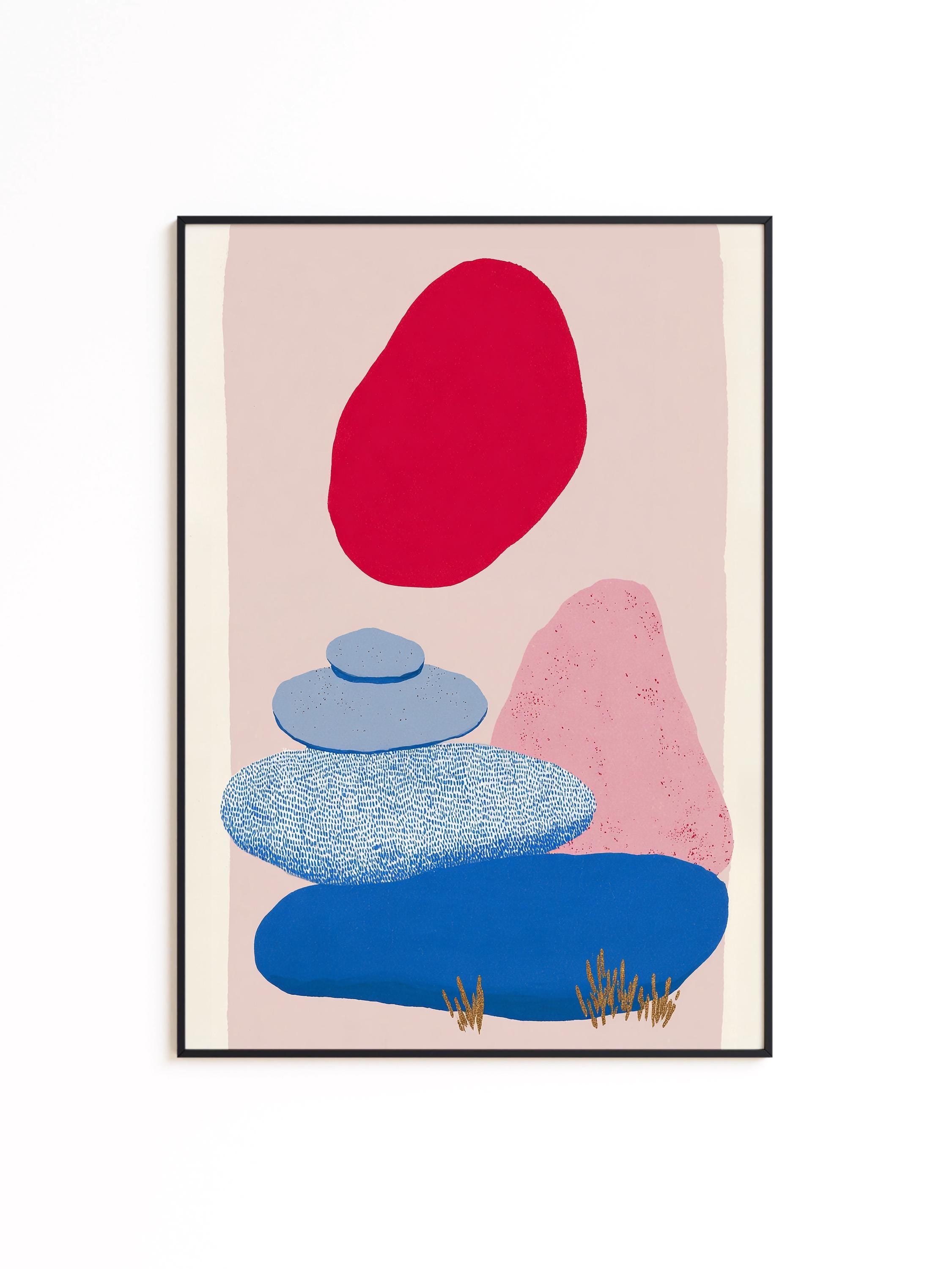 Abstract Landscape Art Print, Red Sun Blue Shapes, Boho Modern Wall Decor