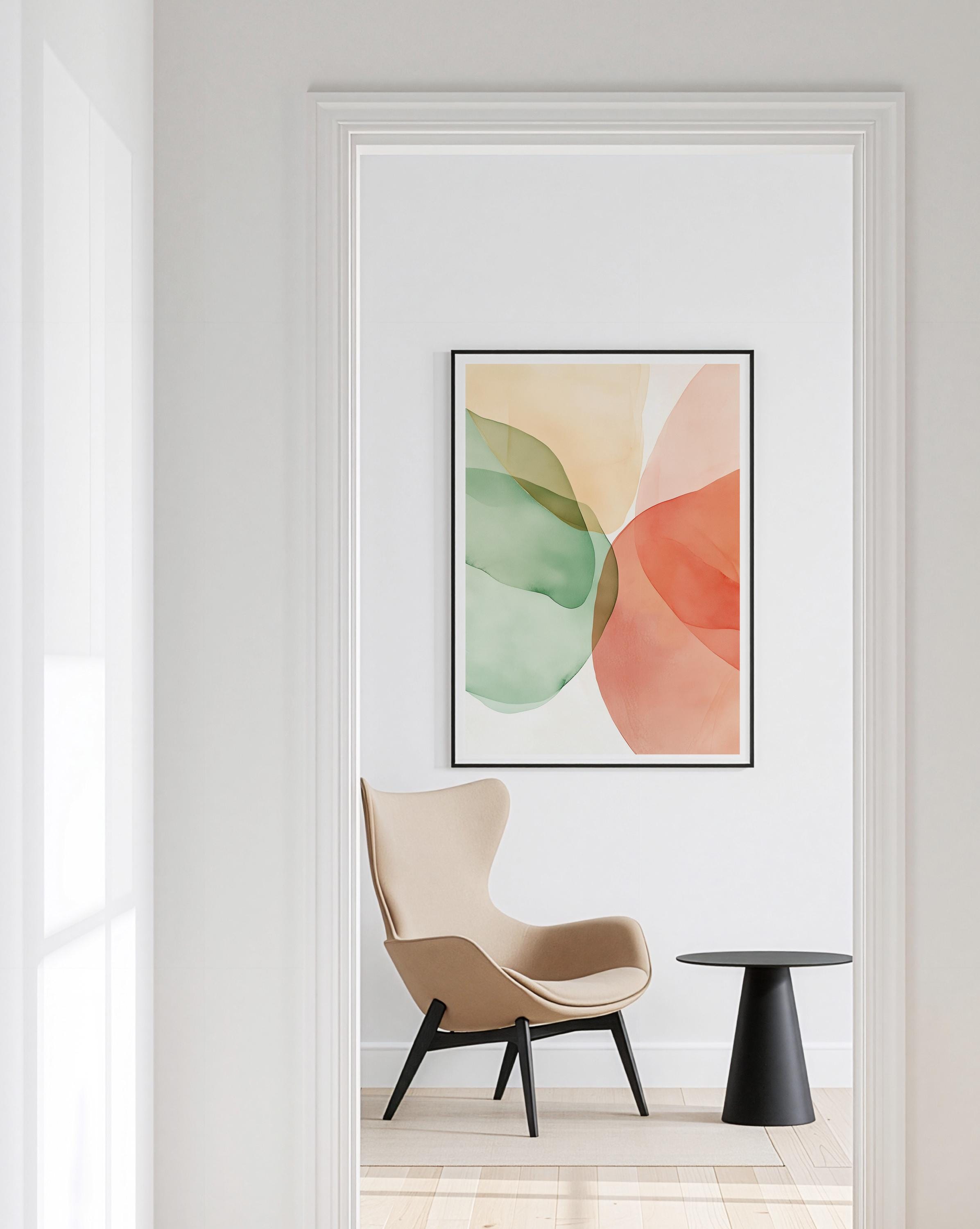 Sage Green Peach Abstract Wall Art, Soft Pastel Shape Print, Minimal Modern Decor