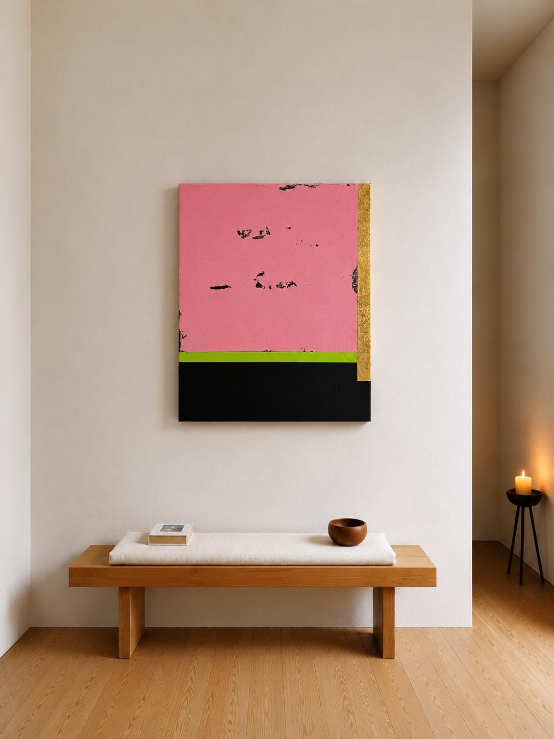 Original Abstract Painting, Pink Black Color Block Art, Gold Accent Canvas