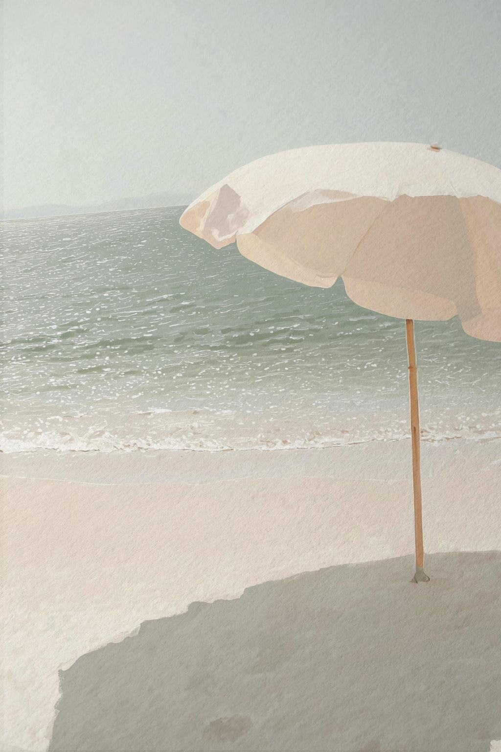 Beach Umbrella Art Print, Calm Ocean Poster, Neutral Seaside Wall Decor