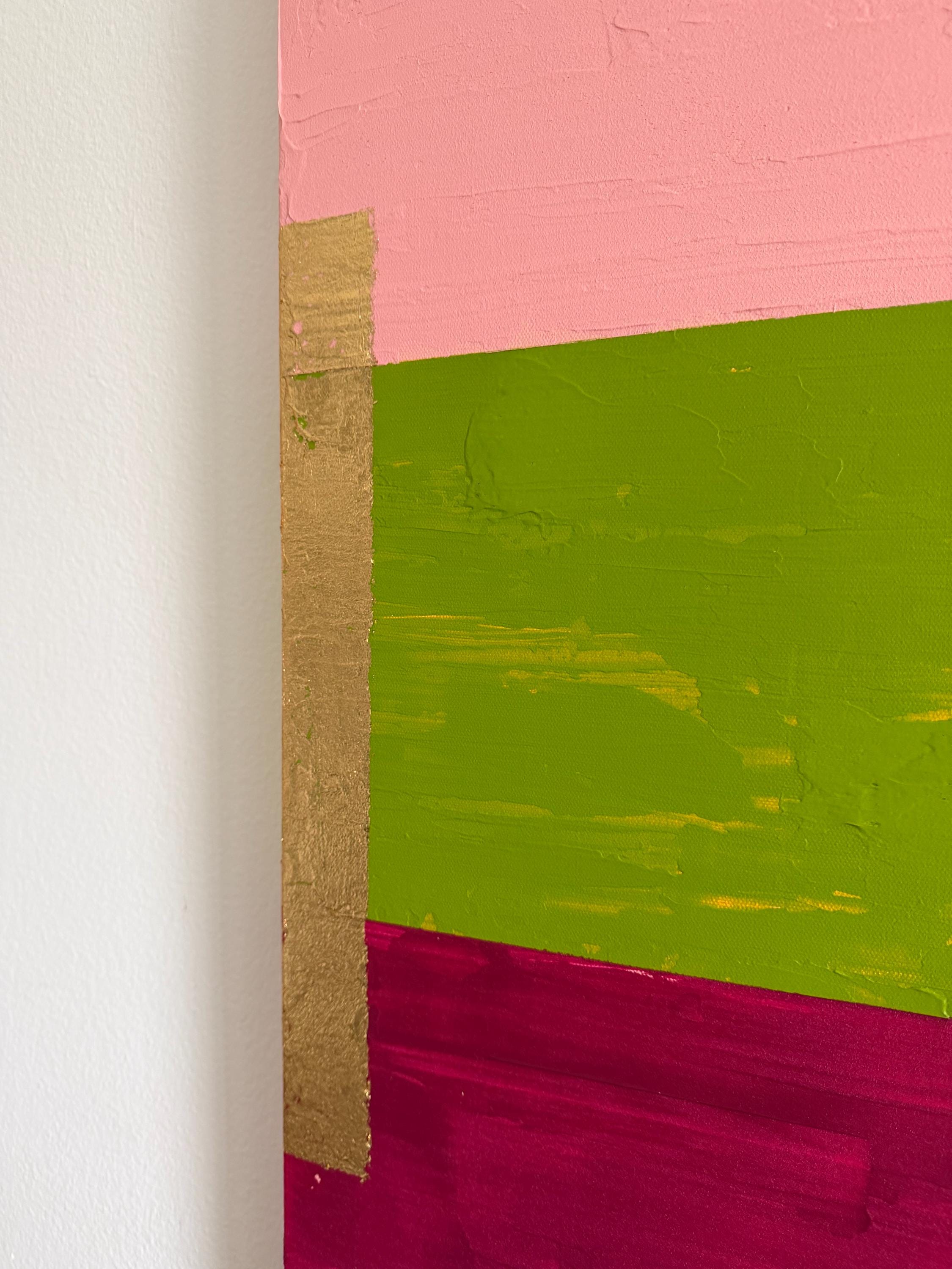 Color Block Abstract Painting Pink Green Burgundy, Gold Leaf Modern Canvas Art, Bold Minimal Wall Decor, Original Artwork 24x30