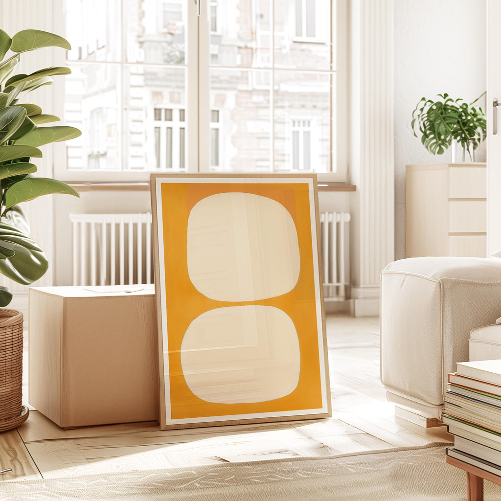 Mid Century Abstract Print, Warm Yellow Organic Shapes, Scandinavian Wall Decor