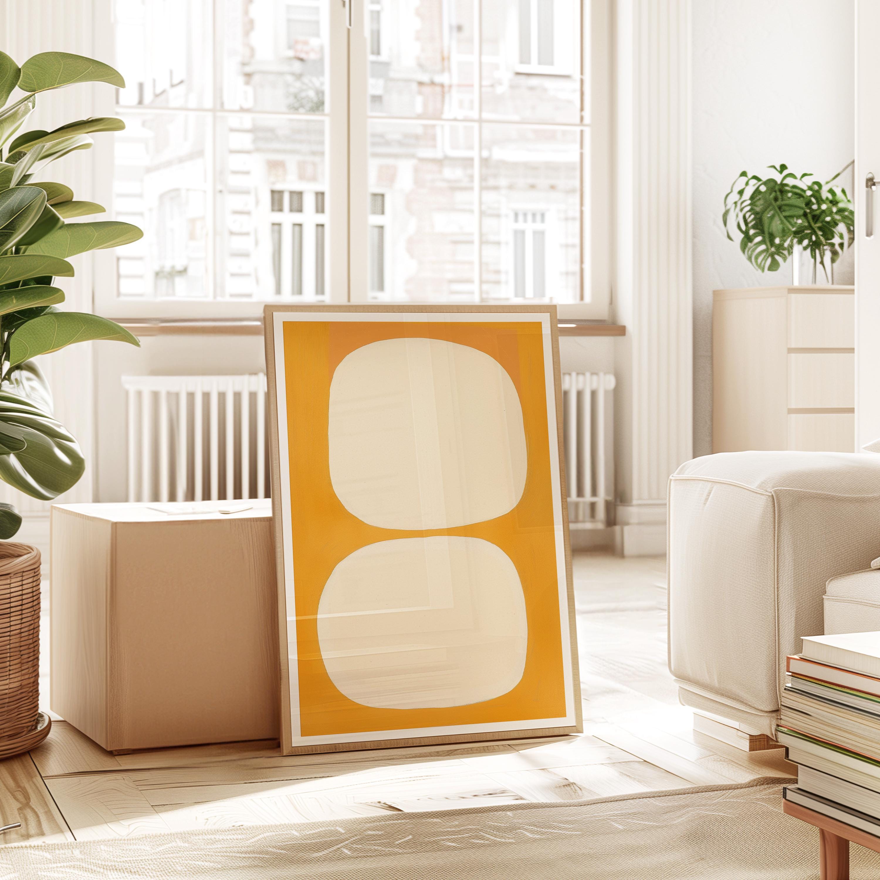 Mid Century Abstract Print, Warm Yellow Organic Shapes, Scandinavian Wall Decor