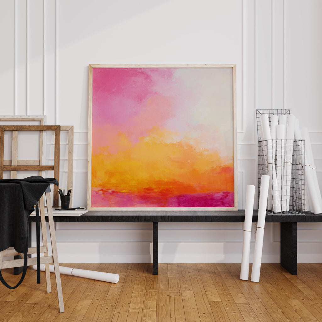 Pink Orange Abstract Sunset Art Print, Modern Landscape Painting, Warm Contemporary Artwork