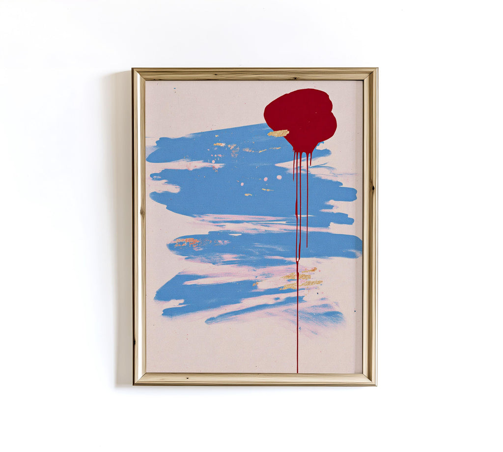Abstract Art Print, Blue Brush Stroke Red Drip Painting, Modern Neutral Canvas Decor