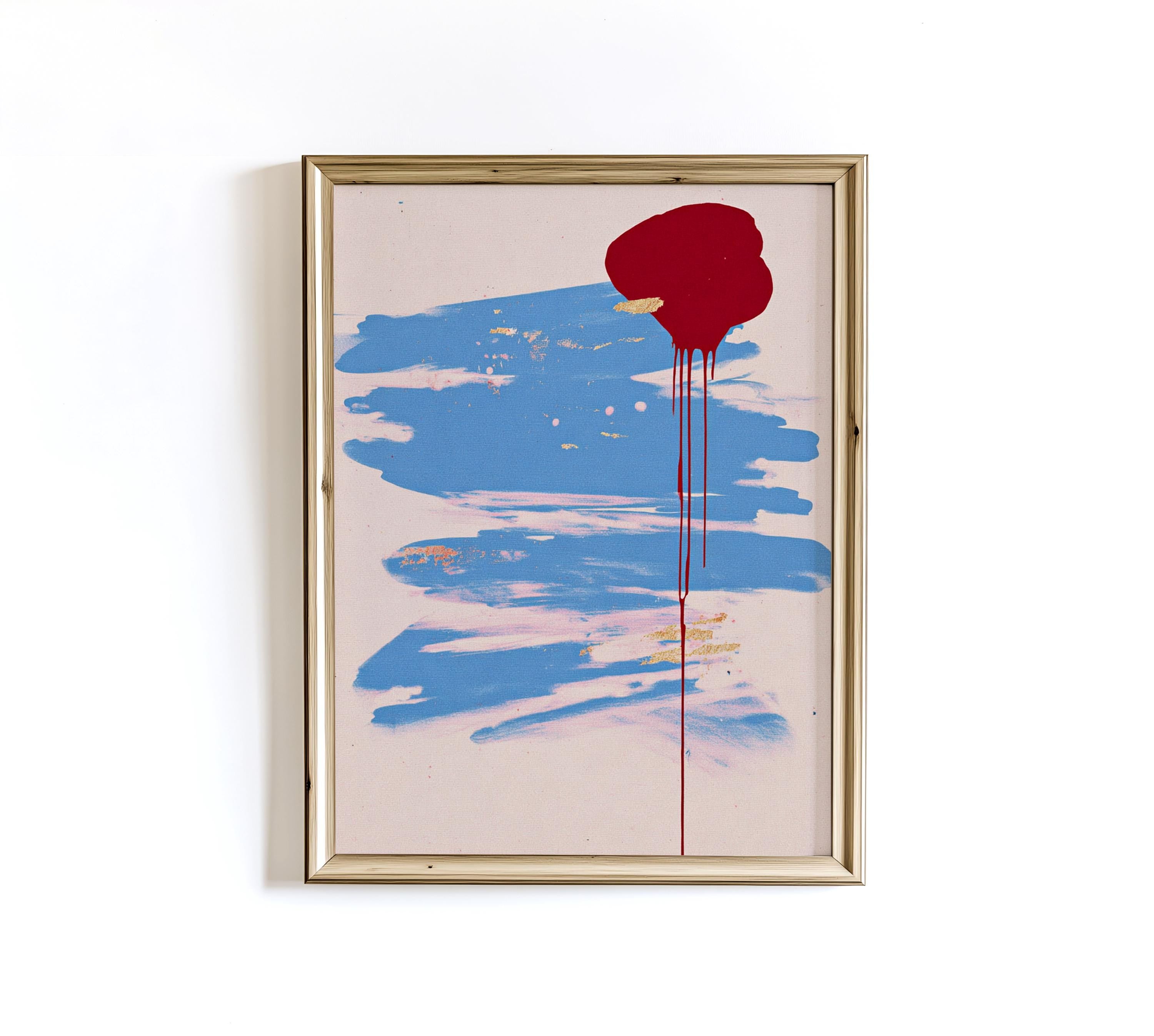 Abstract Art Print, Blue Brush Stroke Red Drip Painting, Modern Neutral Canvas Decor