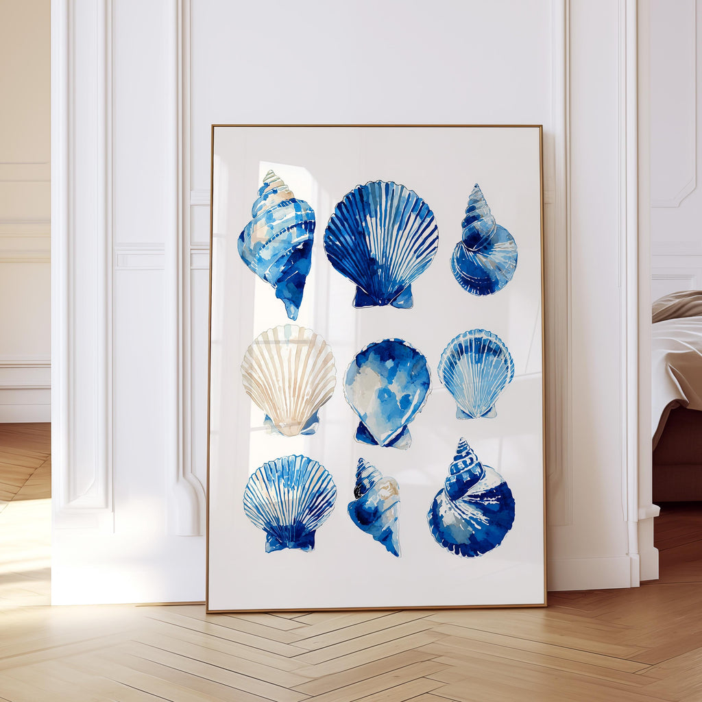 Blue Seashell Art Print, Coastal Bathroom Poster, Ocean Shell Wall Decor