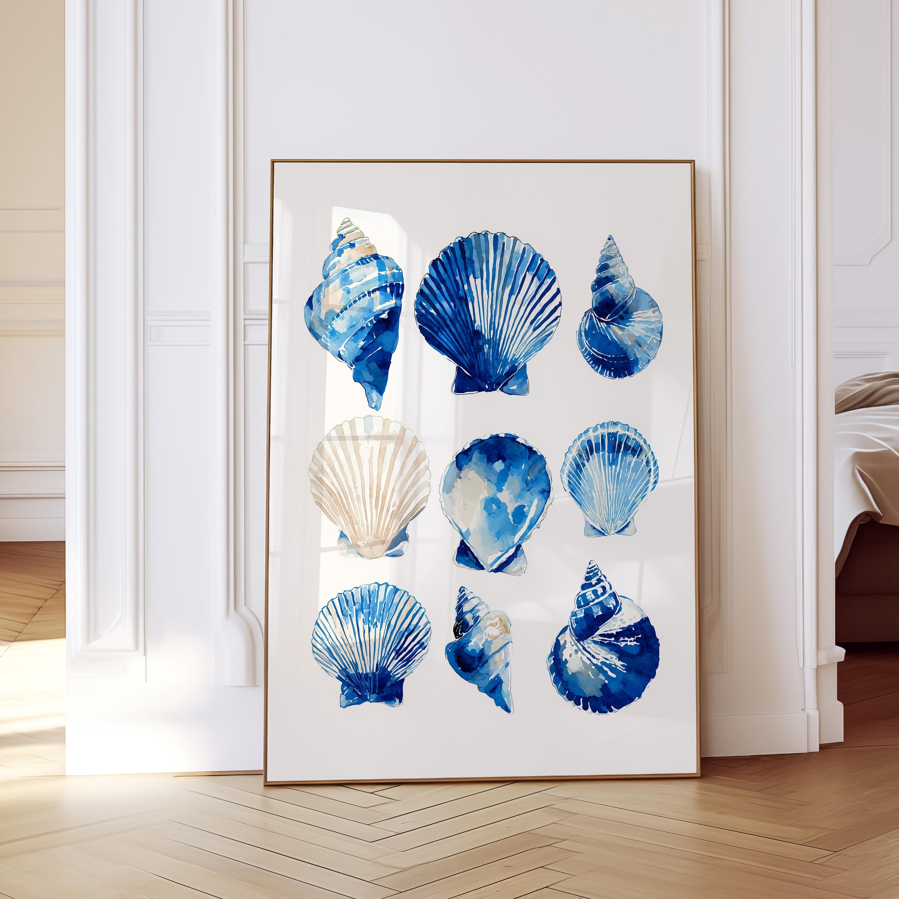 Blue Seashell Art Print, Coastal Bathroom Poster, Ocean Shell Wall Decor
