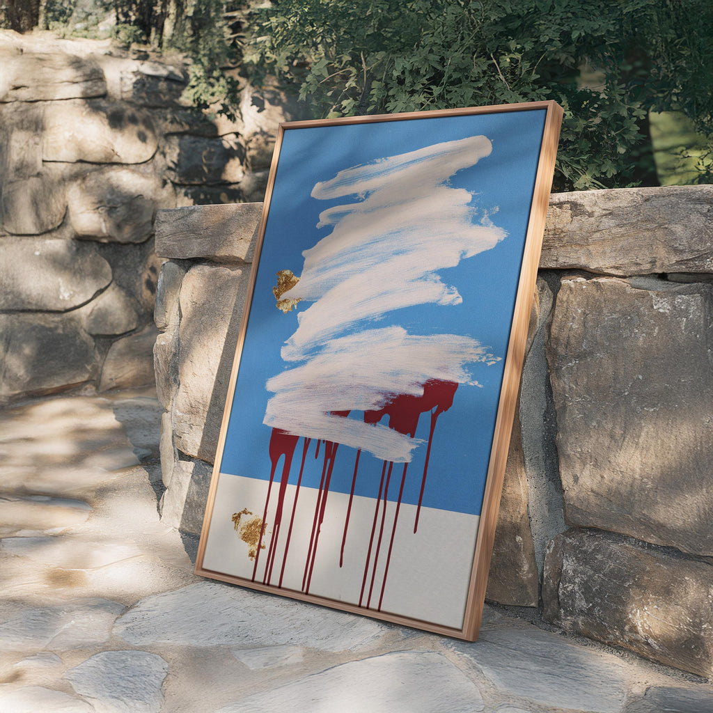 Blue Abstract Art Print, White Brush Stroke Red Drip Painting, Modern Gallery Decor