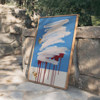 Blue Abstract Art Print, White Brush Stroke Red Drip Painting, Modern Gallery Decor