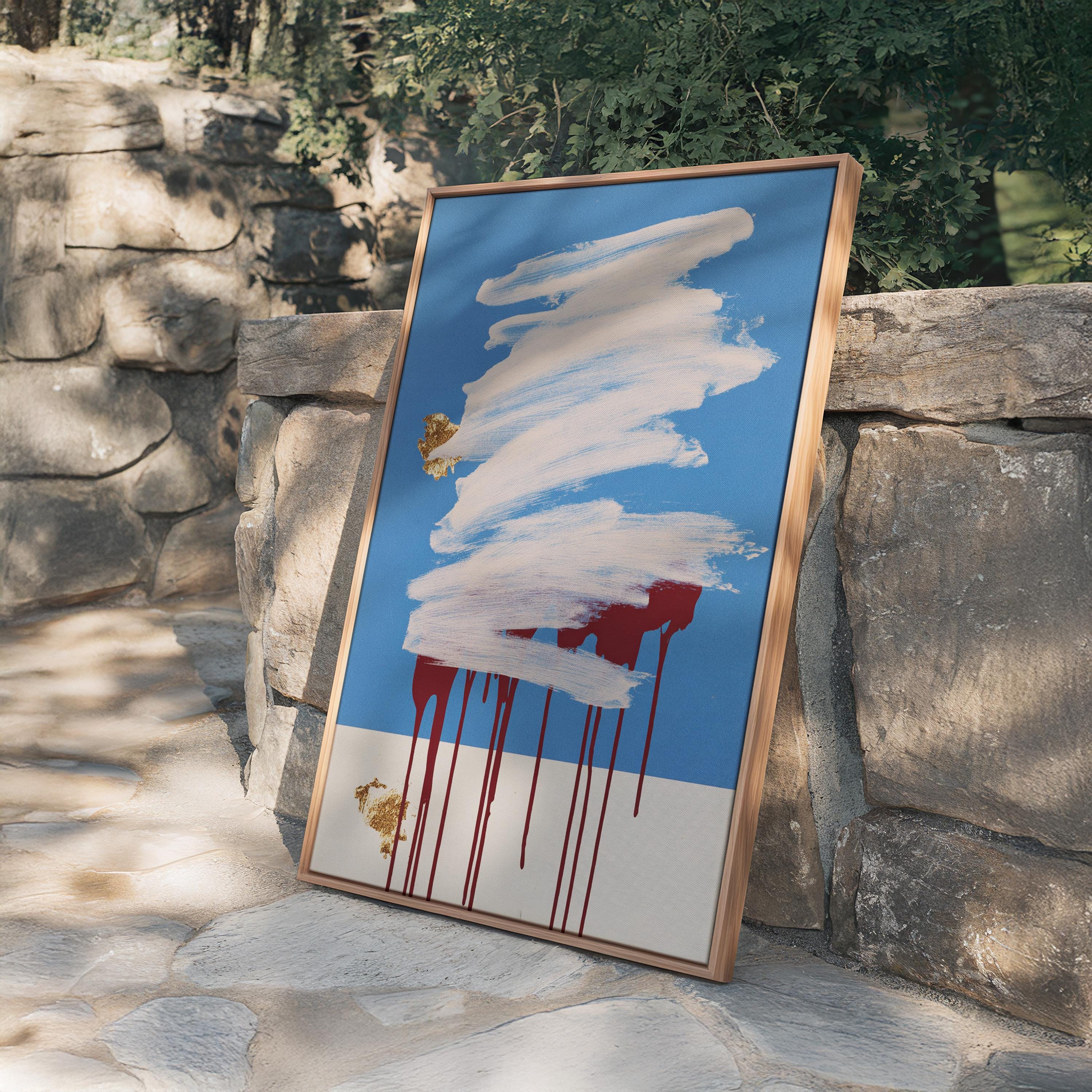 Blue Abstract Art Print, White Brush Stroke Red Drip Painting, Modern Gallery Decor