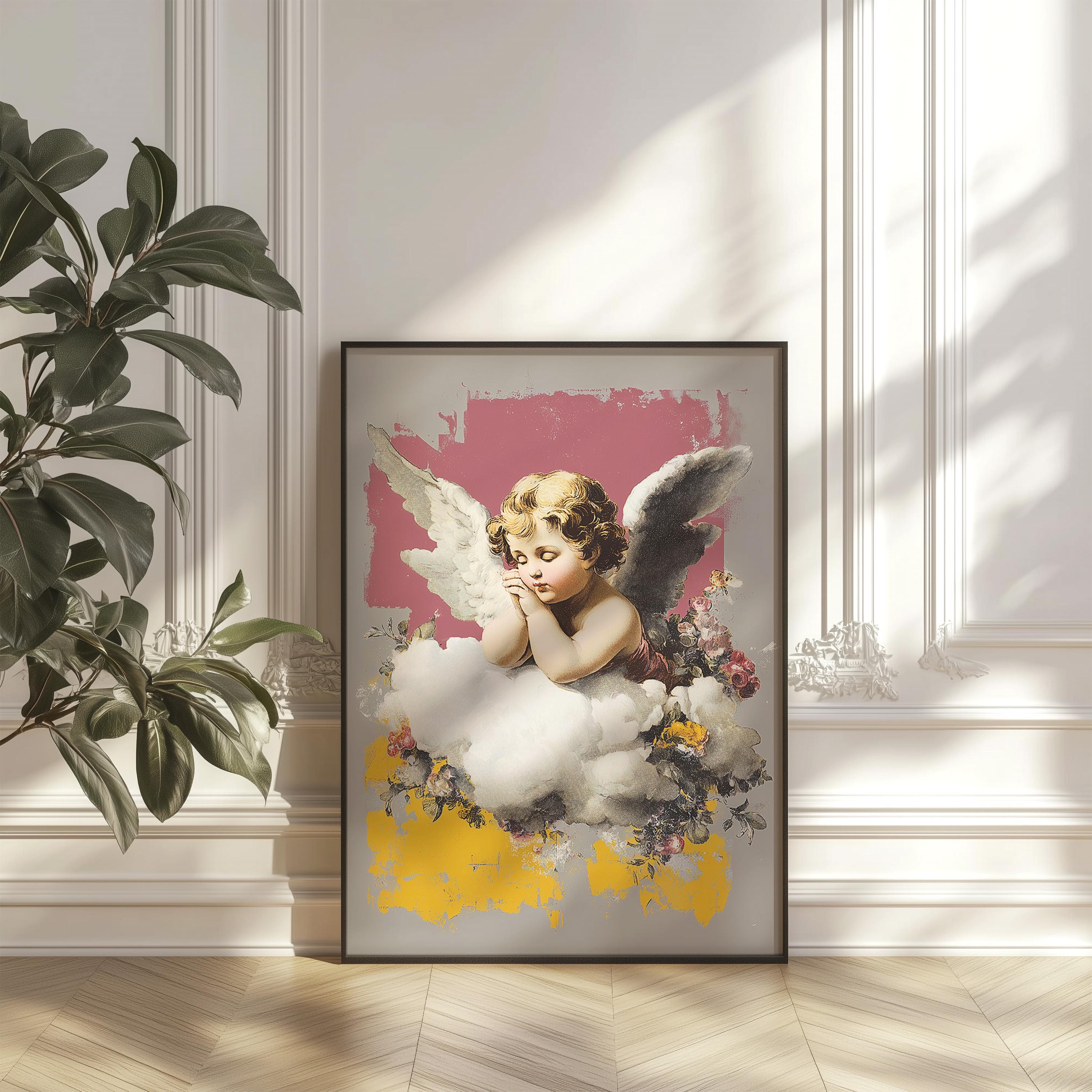 Vintage Cherub Wall Art Print, Christian Angel Poster, Faith Inspired Pink Gold Decor, Heavenly Printable Artwork