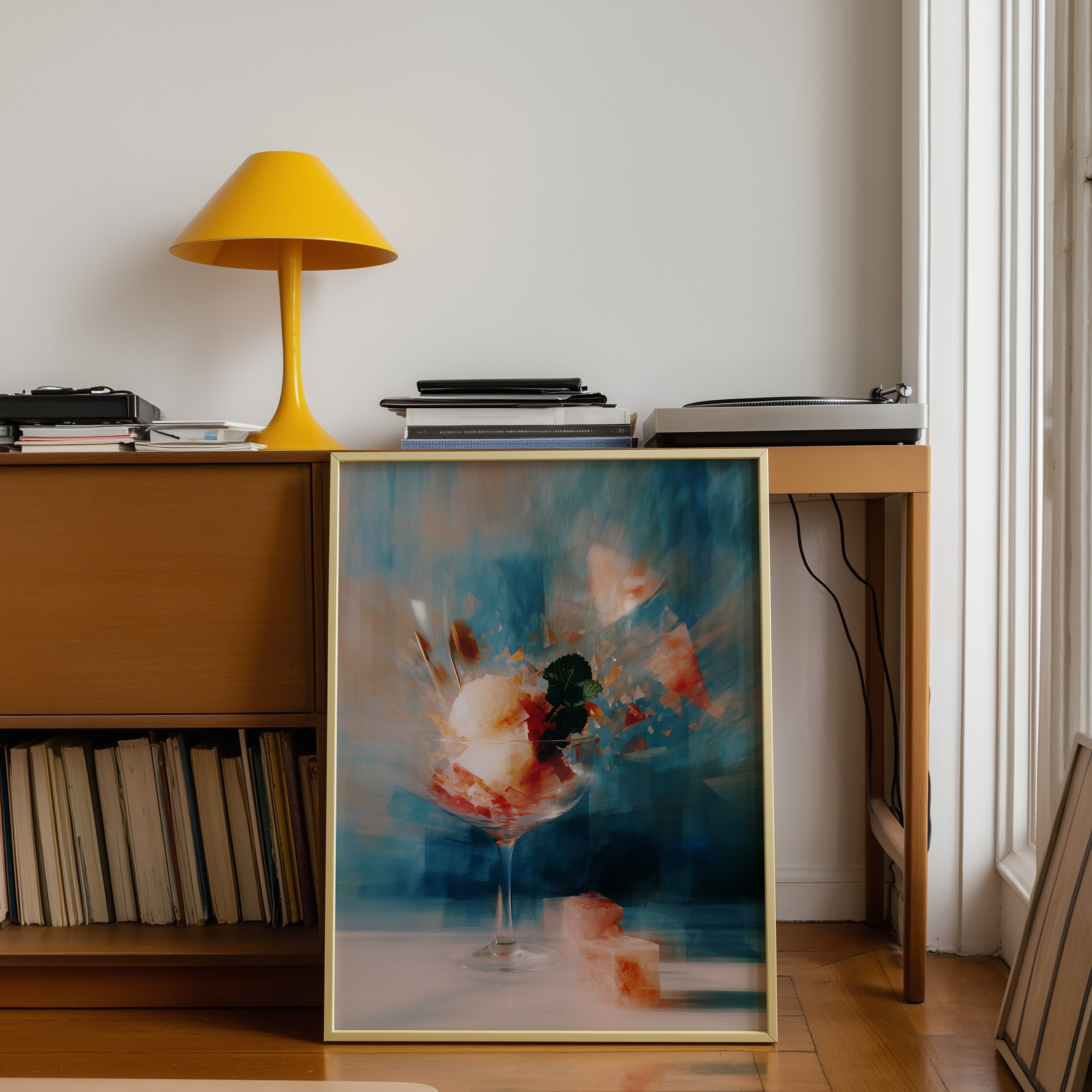 dreamy abstract dessert art print with glass cup and glowing pastel reflections