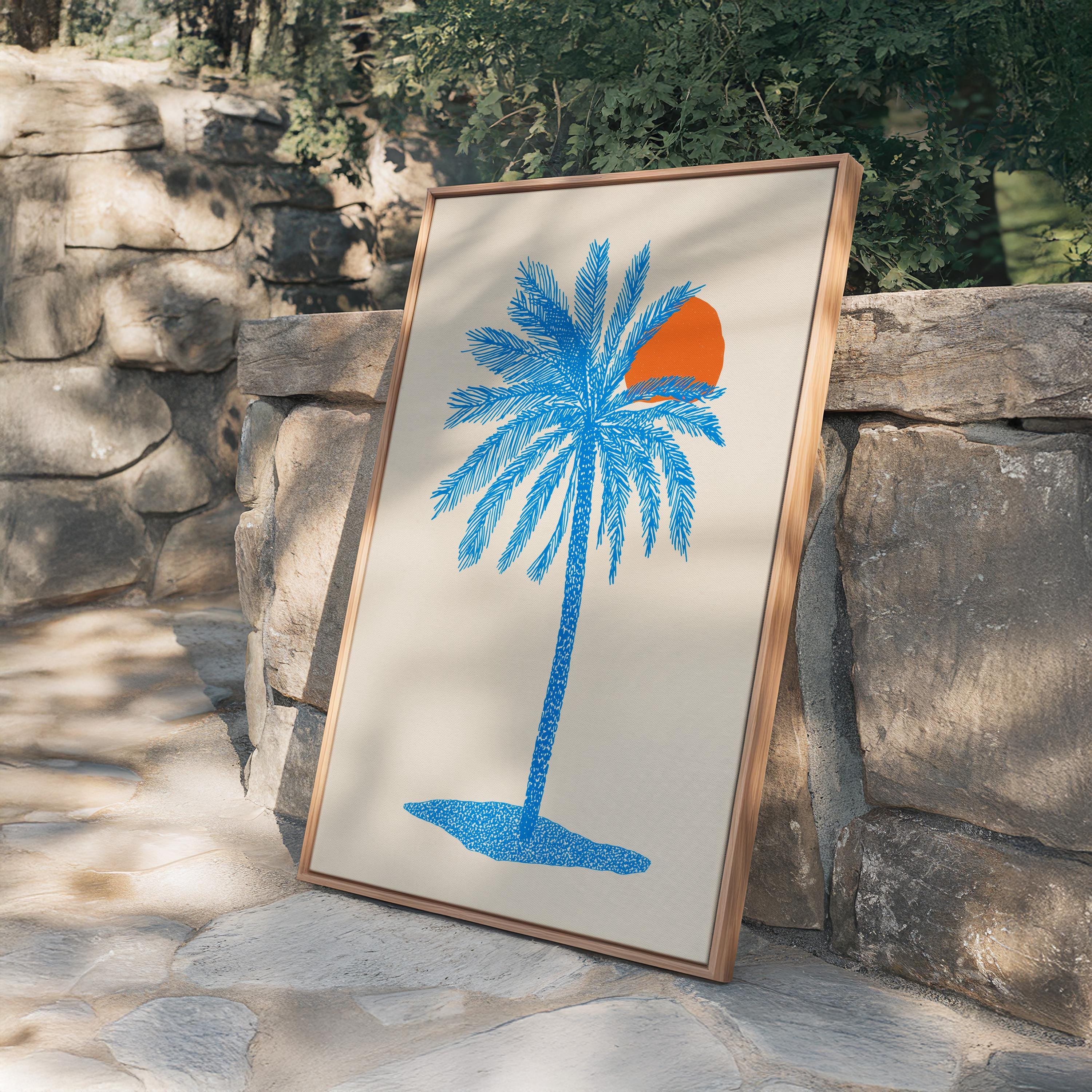 Blue Palm Tree Wall Art Print, Coastal Wall Decor, Tropical Minimalist Art, Beach House Printable, Mediterranean Wall Art