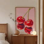 Cherry Wall Art Print, Pink Fruit Poster, Retro Kitchen and Dining Decor