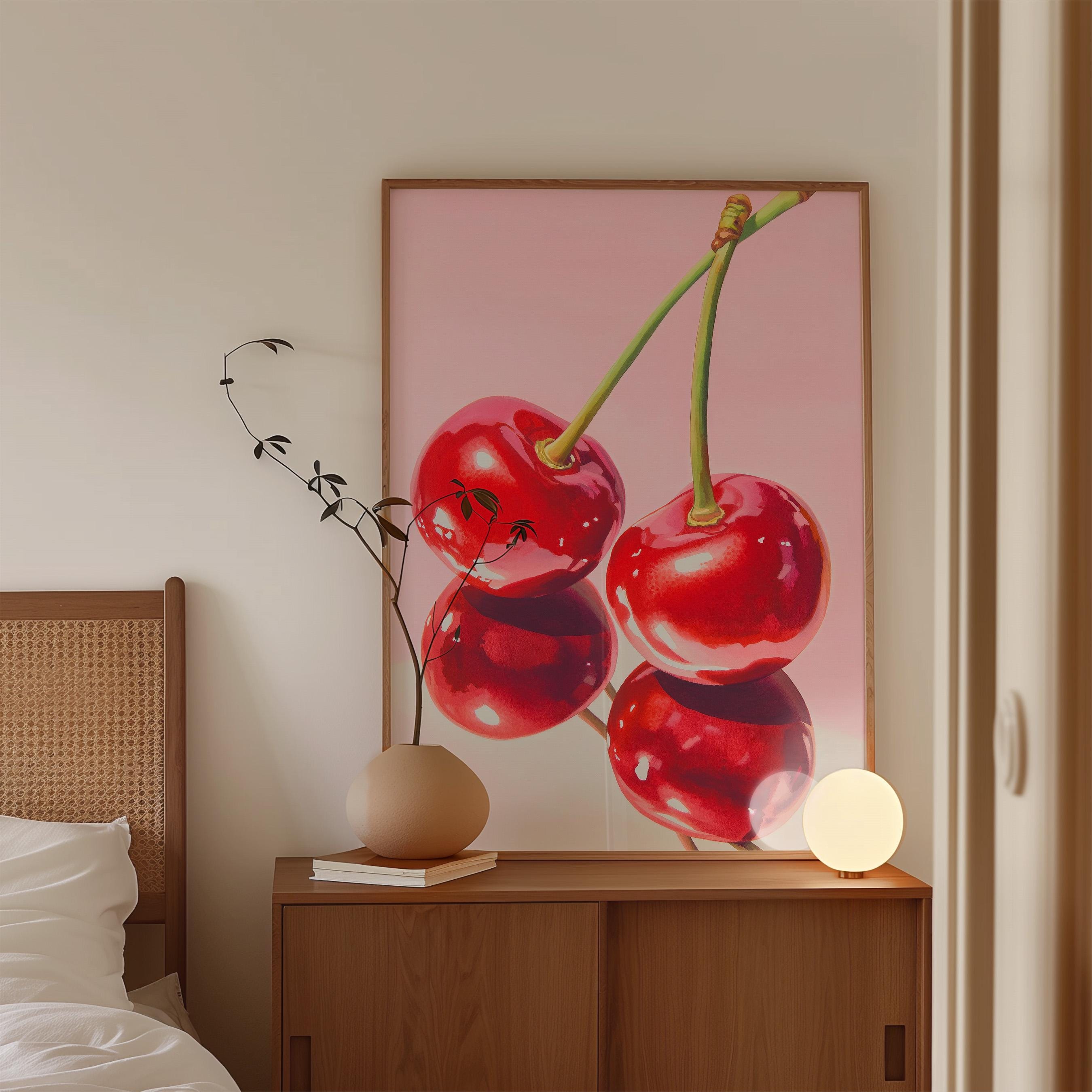 Cherry Wall Art Print, Pink Fruit Poster, Retro Kitchen and Dining Decor