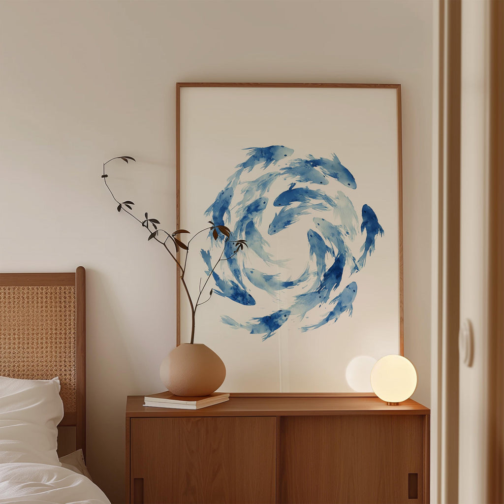 Fish Wall Art Print, Blue Watercolor Fish Poster, Coastal Bathroom Decor