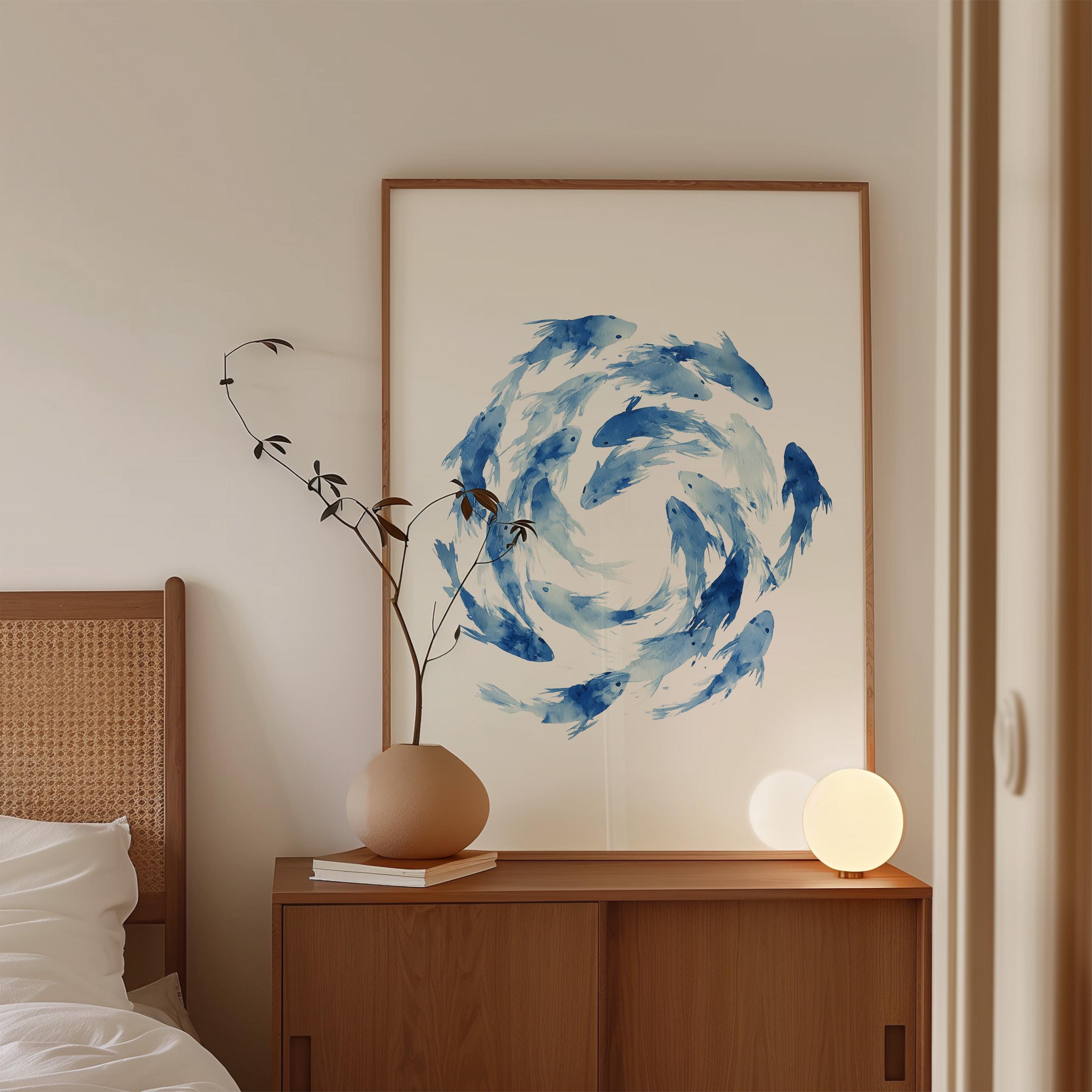 Fish Wall Art Print, Blue Watercolor Fish Poster, Coastal Bathroom Decor