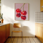 Cherry Wall Art Print, Pink Fruit Poster, Retro Kitchen and Dining Decor