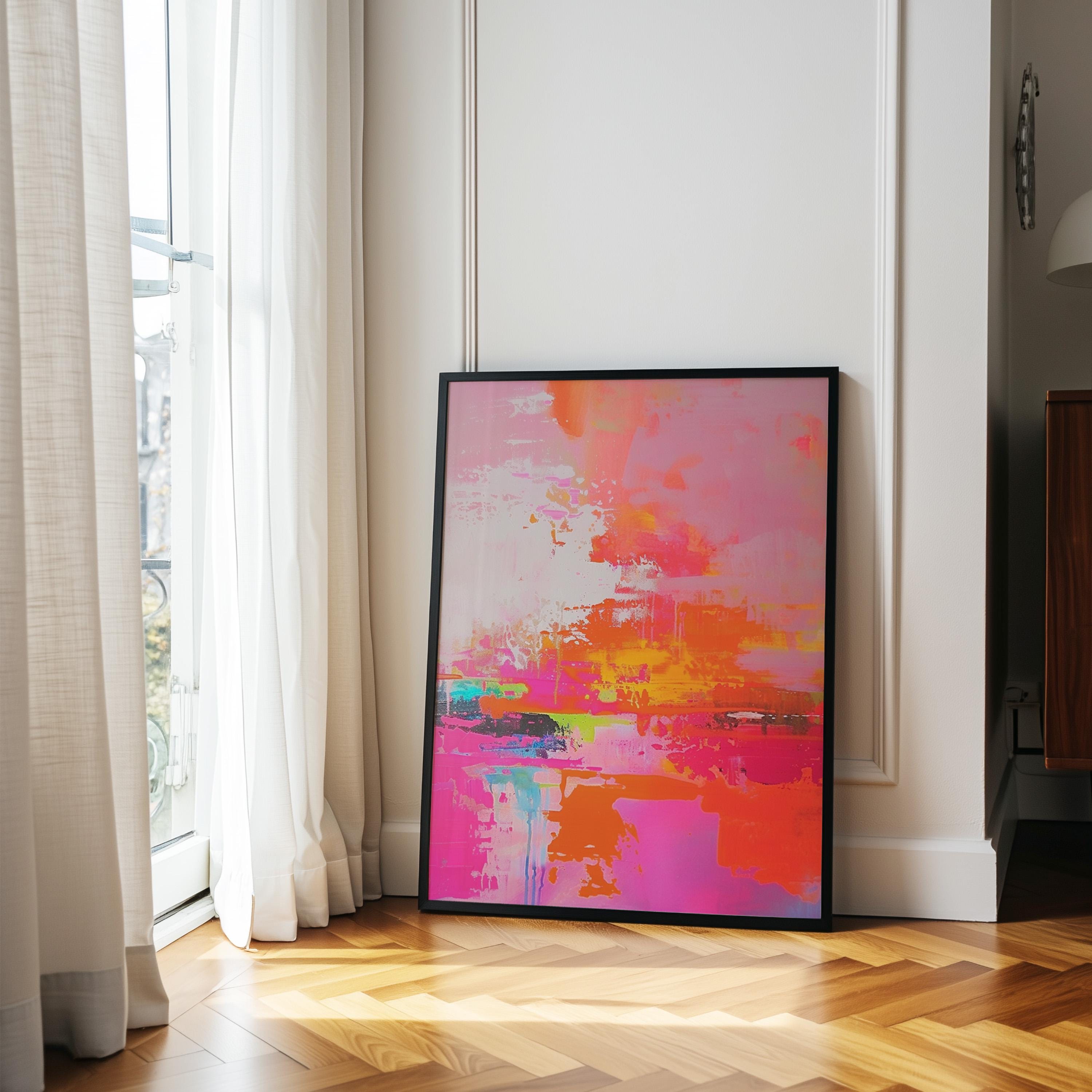 Radiant Horizon Abstract Painting, Pink Orange Sunset Canvas, Bold Energetic Print