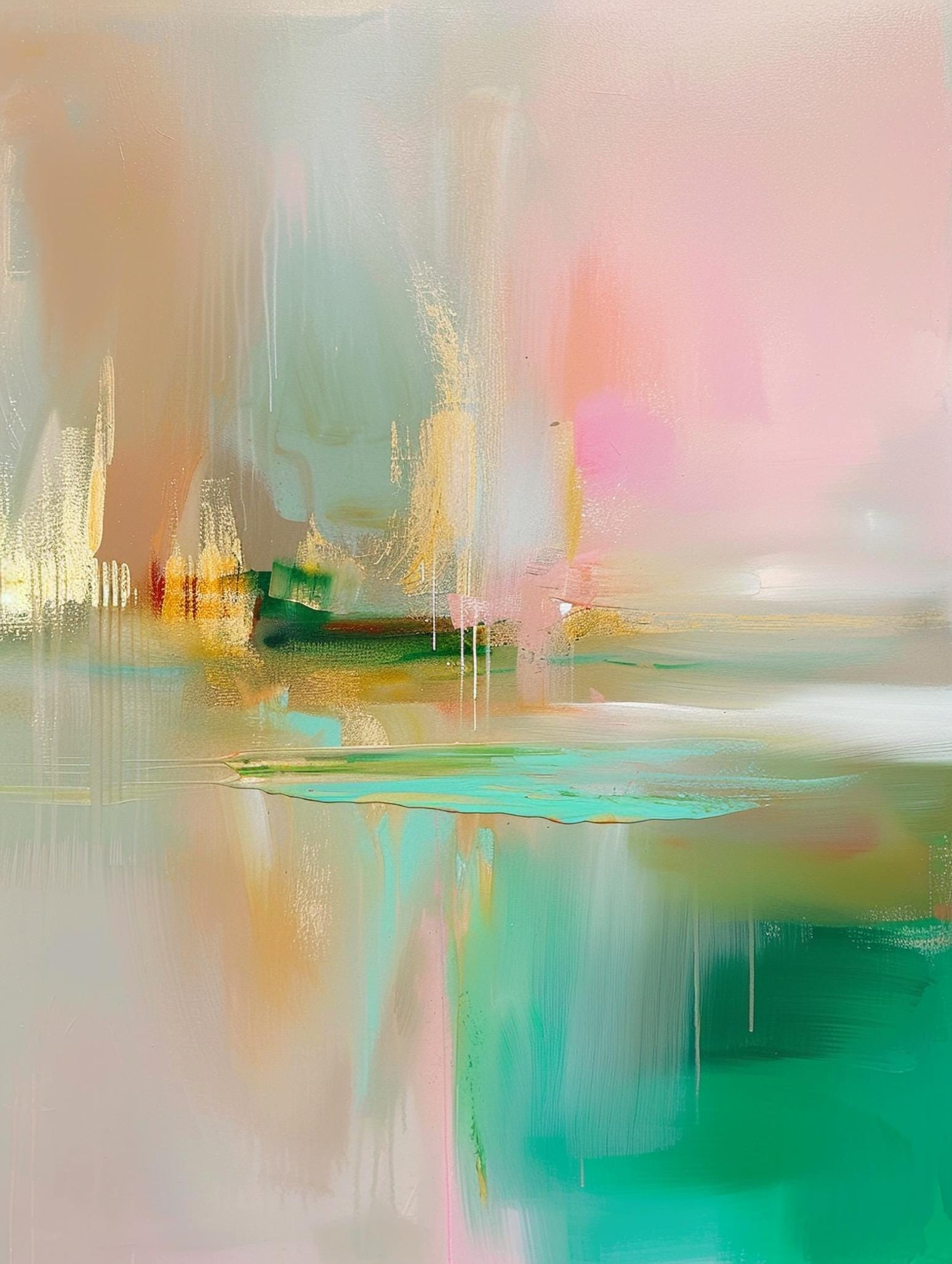 Emerald Mist Abstract Art, Serene Gradient Canvas, Misty Morning Landscape Painting