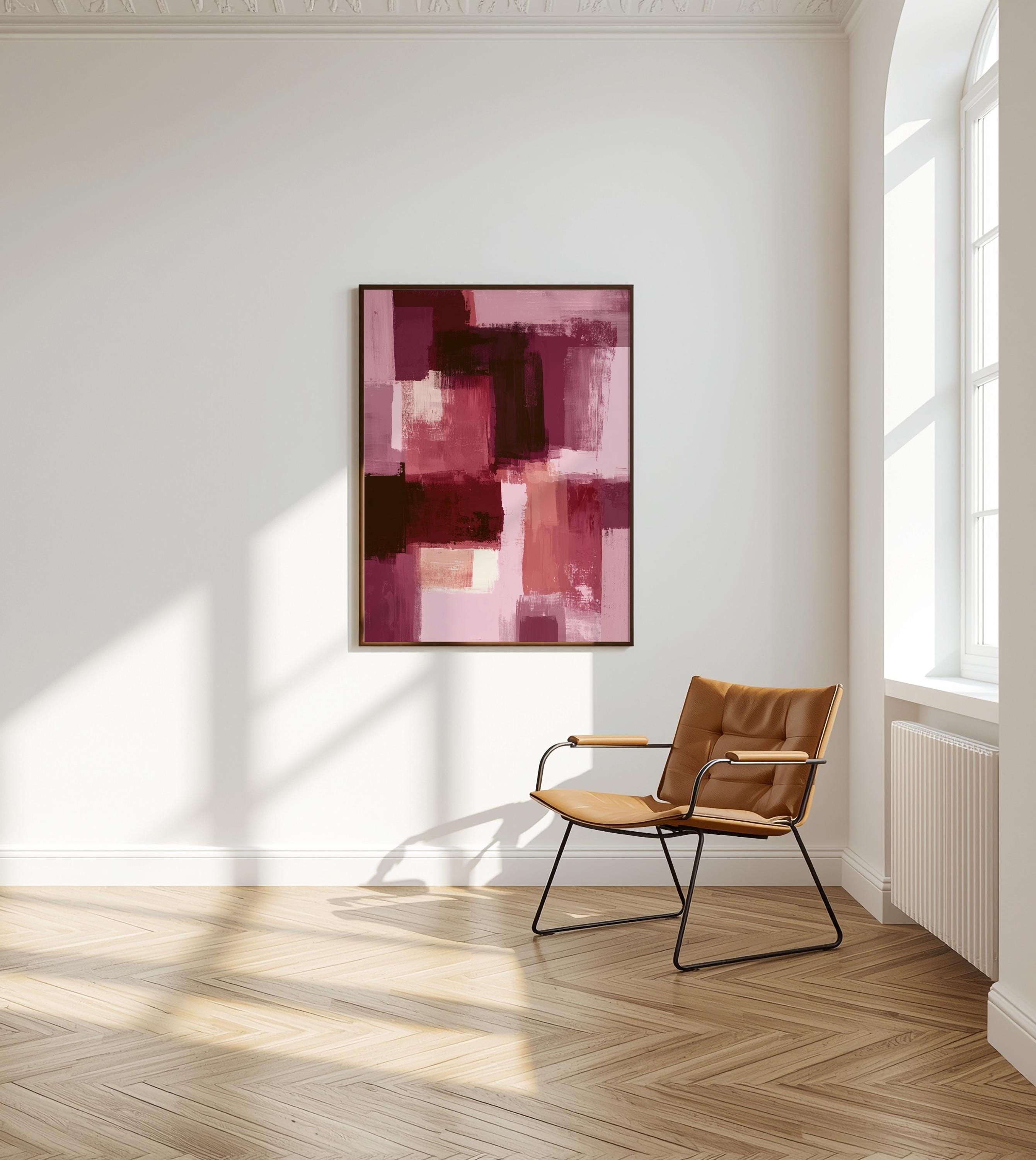 Burgundy Abstract Art Print, Pink Brushstroke Painting, Modern Wall Decor