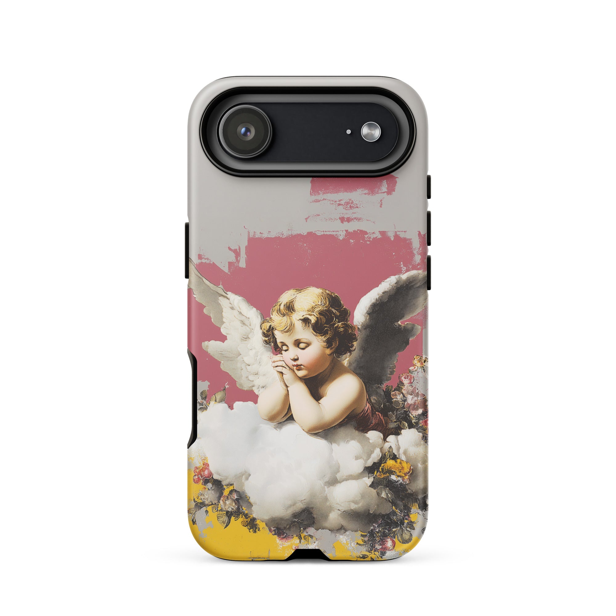 vintage style iPhone case featuring angel illustration on pink background with clouds and floral accents