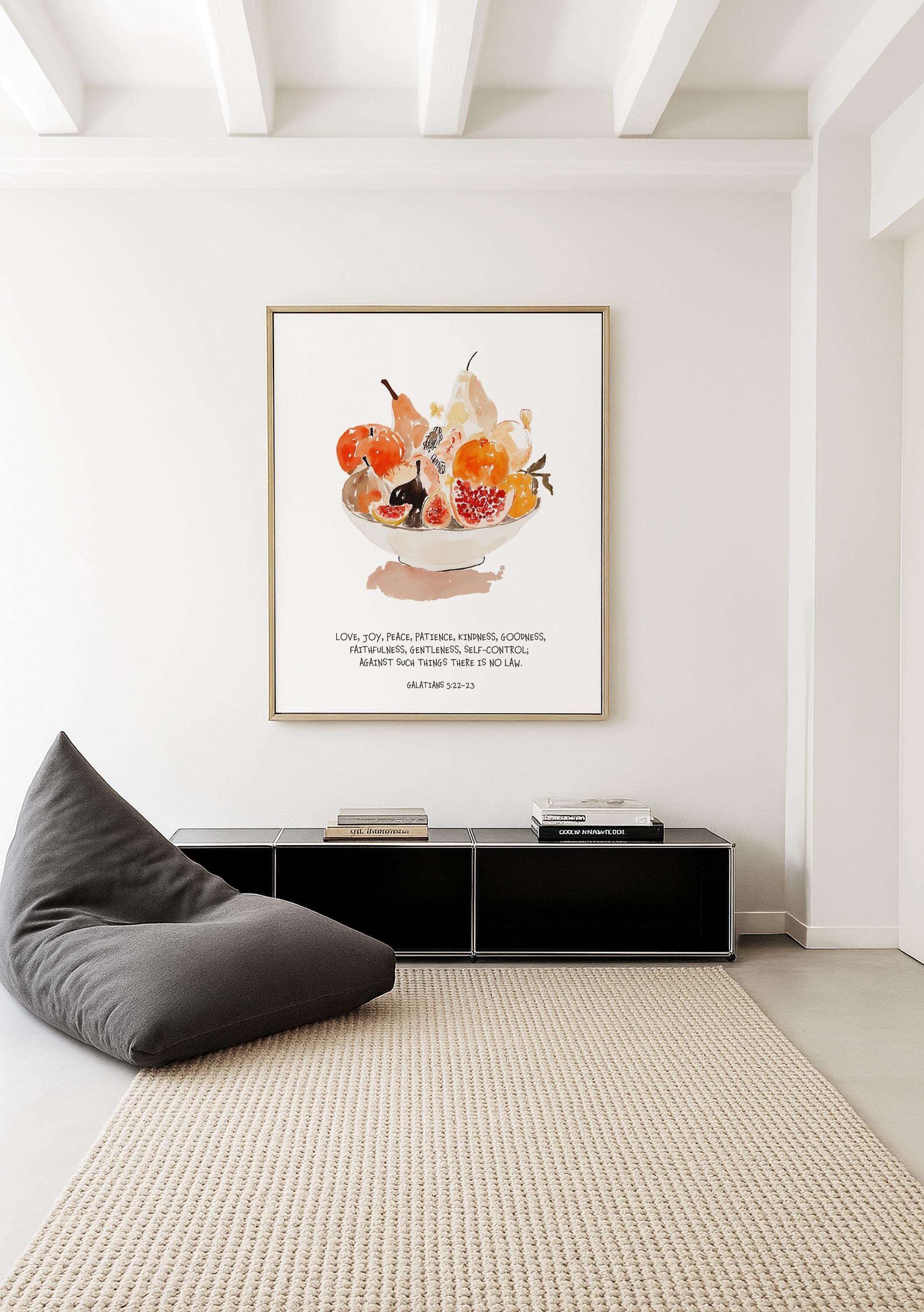 Fruit of the Spirit Wall Art Print, Watercolor Fruit Bowl, Galatians Bible Verse