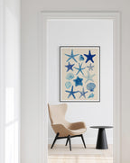 Starfish Wall Art Print, Blue Seashell Poster, Coastal Bathroom Decor