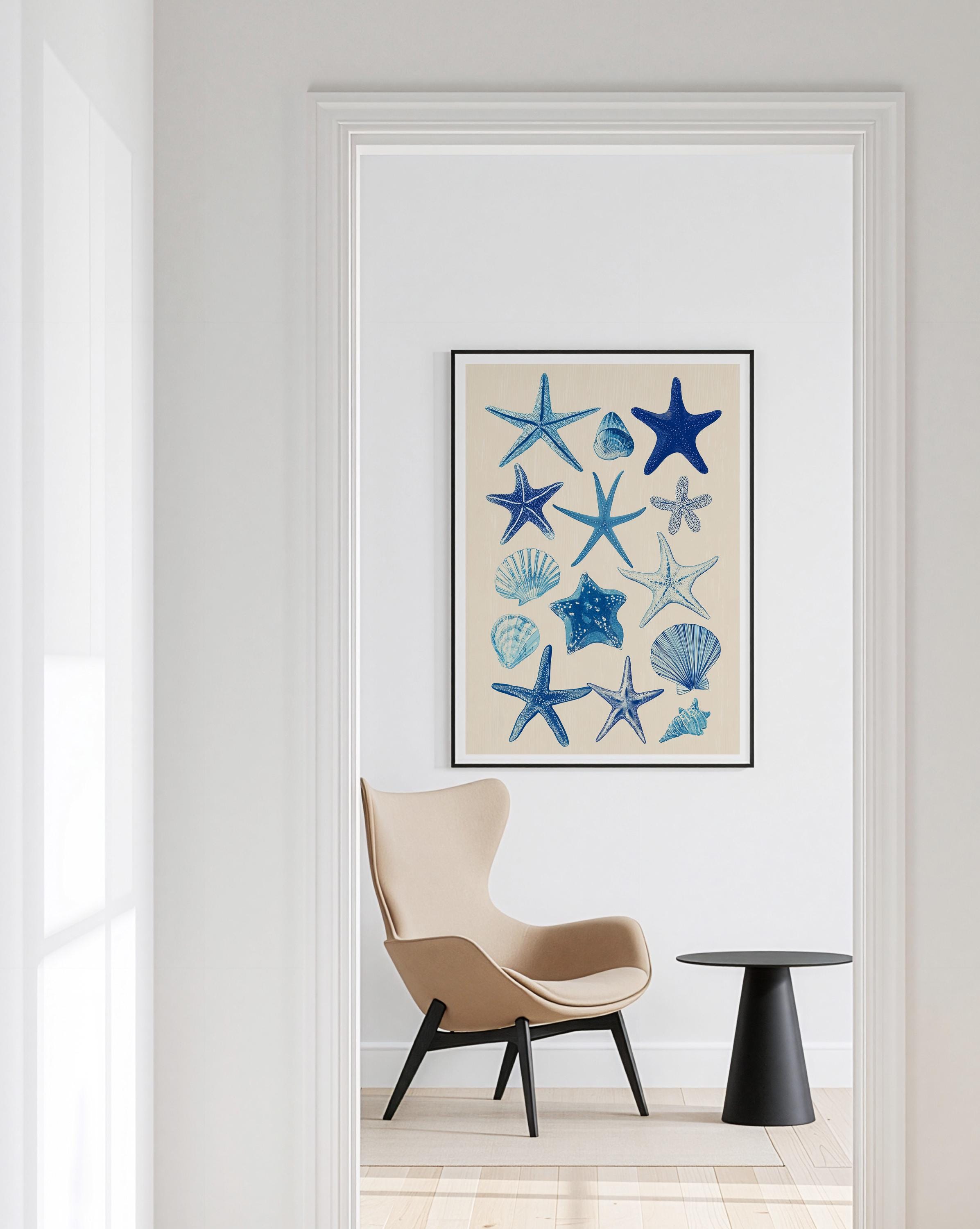 Starfish Wall Art Print, Blue Seashell Poster, Coastal Bathroom Decor
