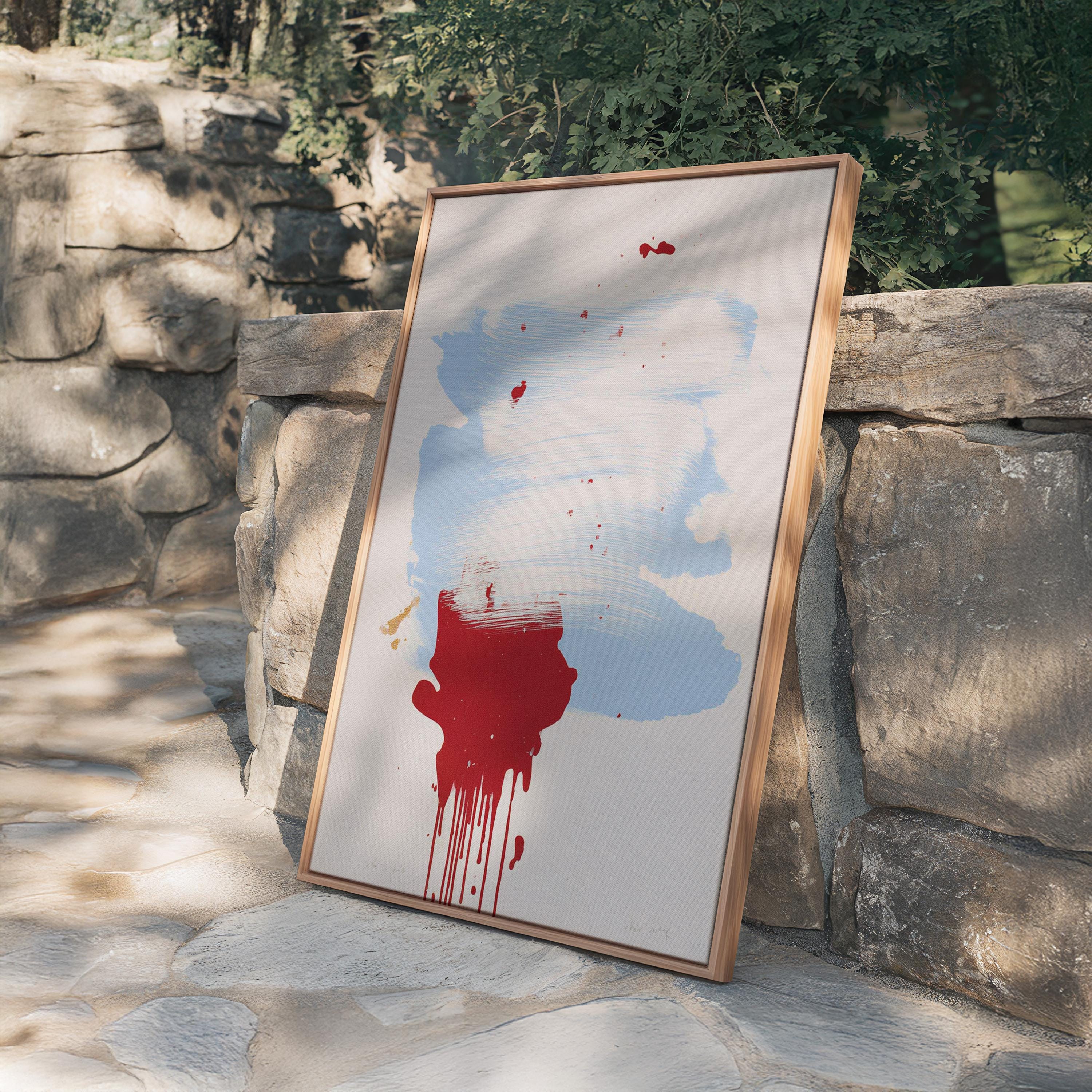 Abstract Blue Brush Stroke Red Drip Painting, Modern Gallery Canvas Poster