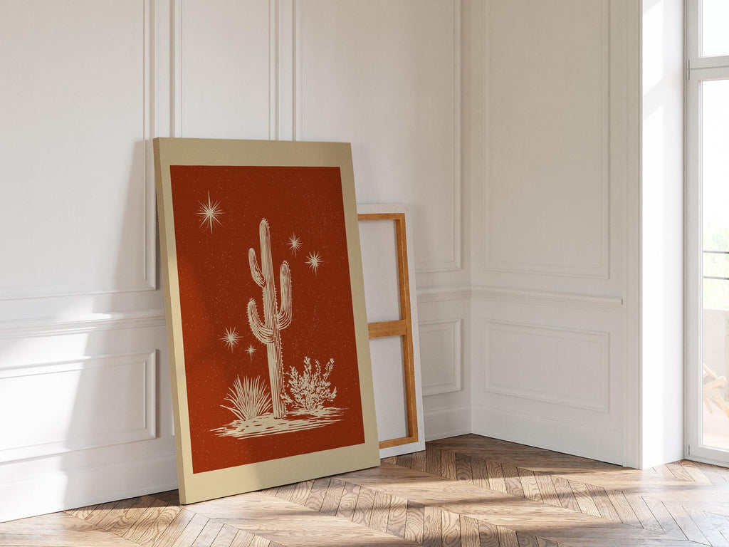Cactus Wall Art Print, Terracotta Desert Poster, Southwestern Celestial Decor