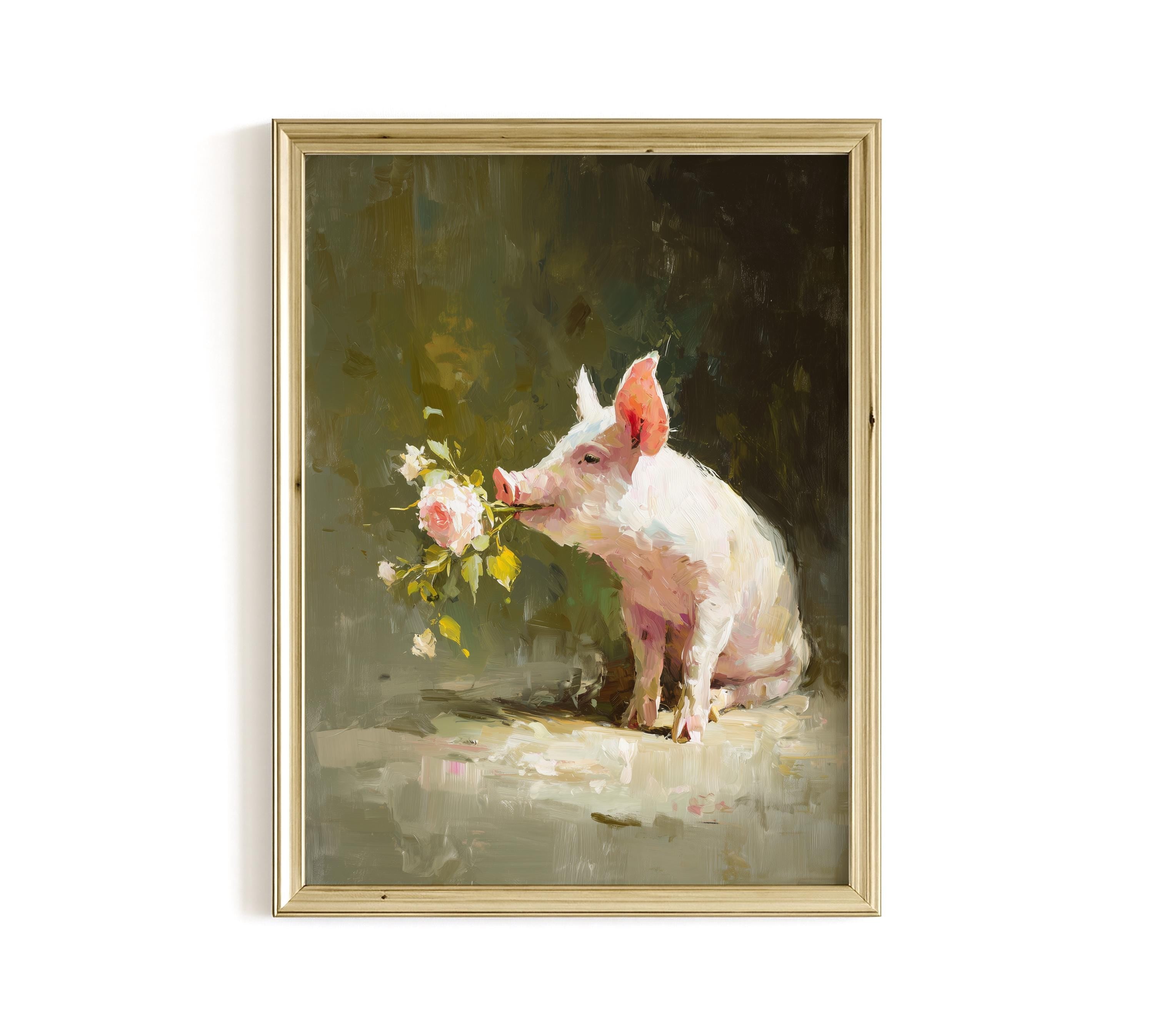 Pig Wall Art Print, Floral Farm Animal Painting, Moody Cottagecore Decor