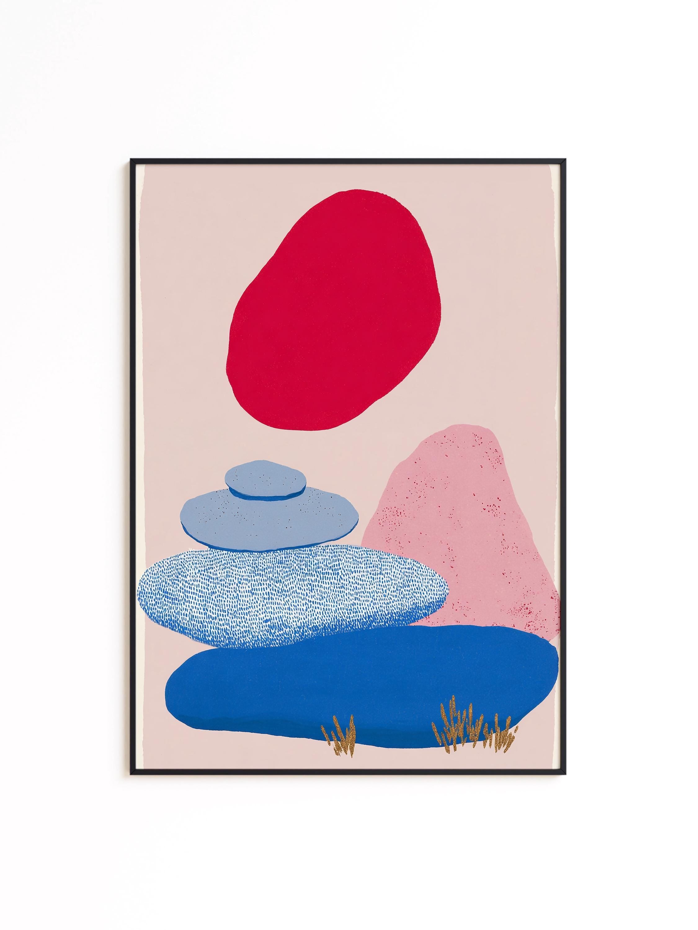 Abstract Landscape Print, Red Sun Color Block Art, Modern Wall Decor