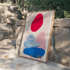 Abstract Landscape Art Print, Red Sun Blue Shapes, Boho Modern Wall Decor