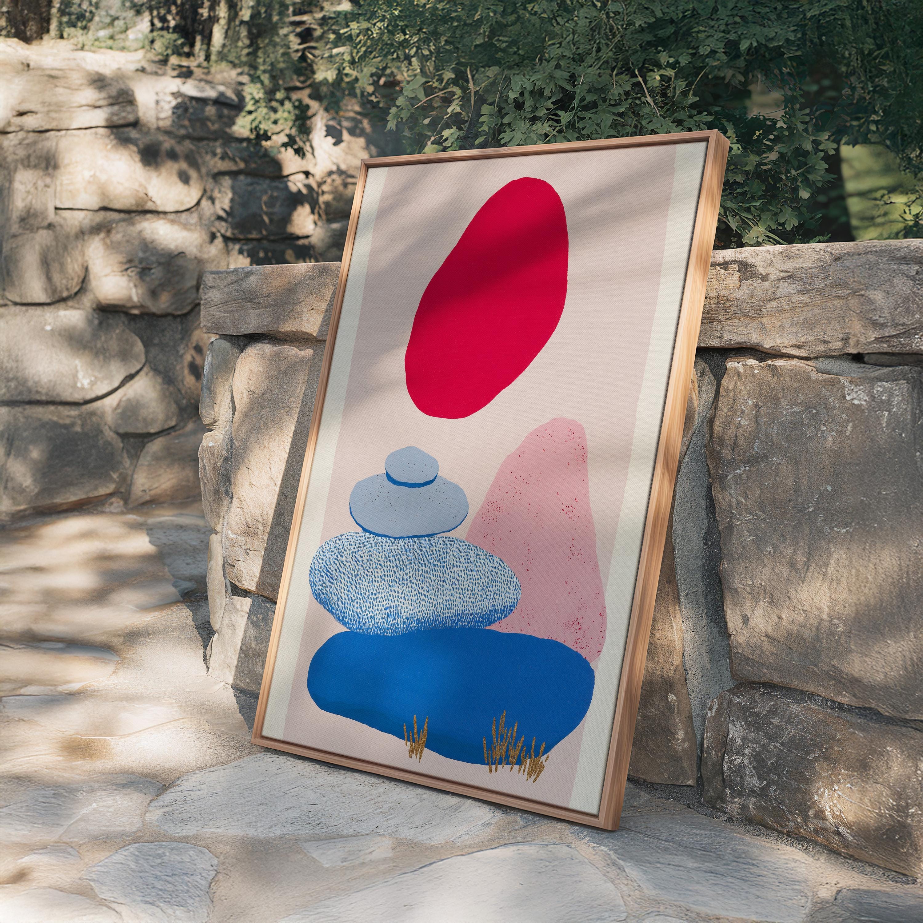 Abstract Landscape Art Print, Red Sun Blue Shapes, Boho Modern Wall Decor