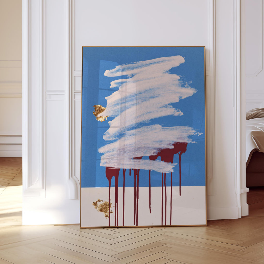 Blue Abstract Art Print, White Brush Stroke Red Drip Painting, Modern Gallery Decor