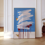 Blue Abstract Art Print, White Brush Stroke Red Drip Painting, Modern Gallery Decor